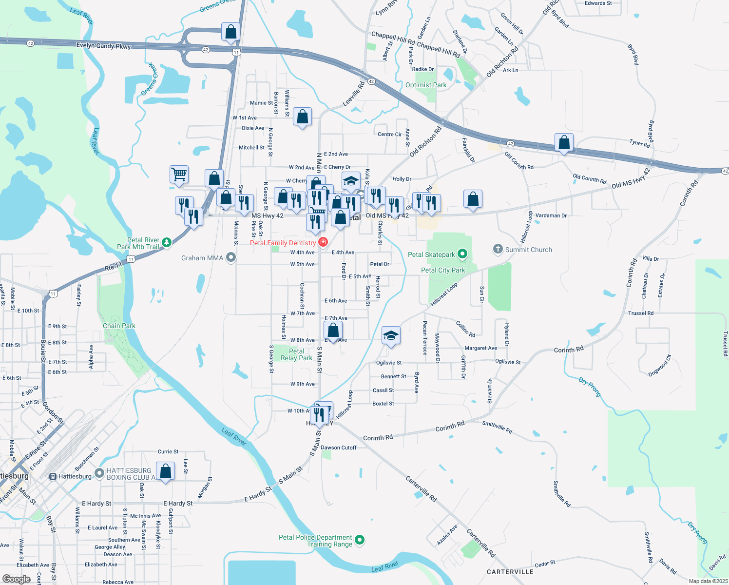 map of restaurants, bars, coffee shops, grocery stores, and more near 210 Smith St in Petal