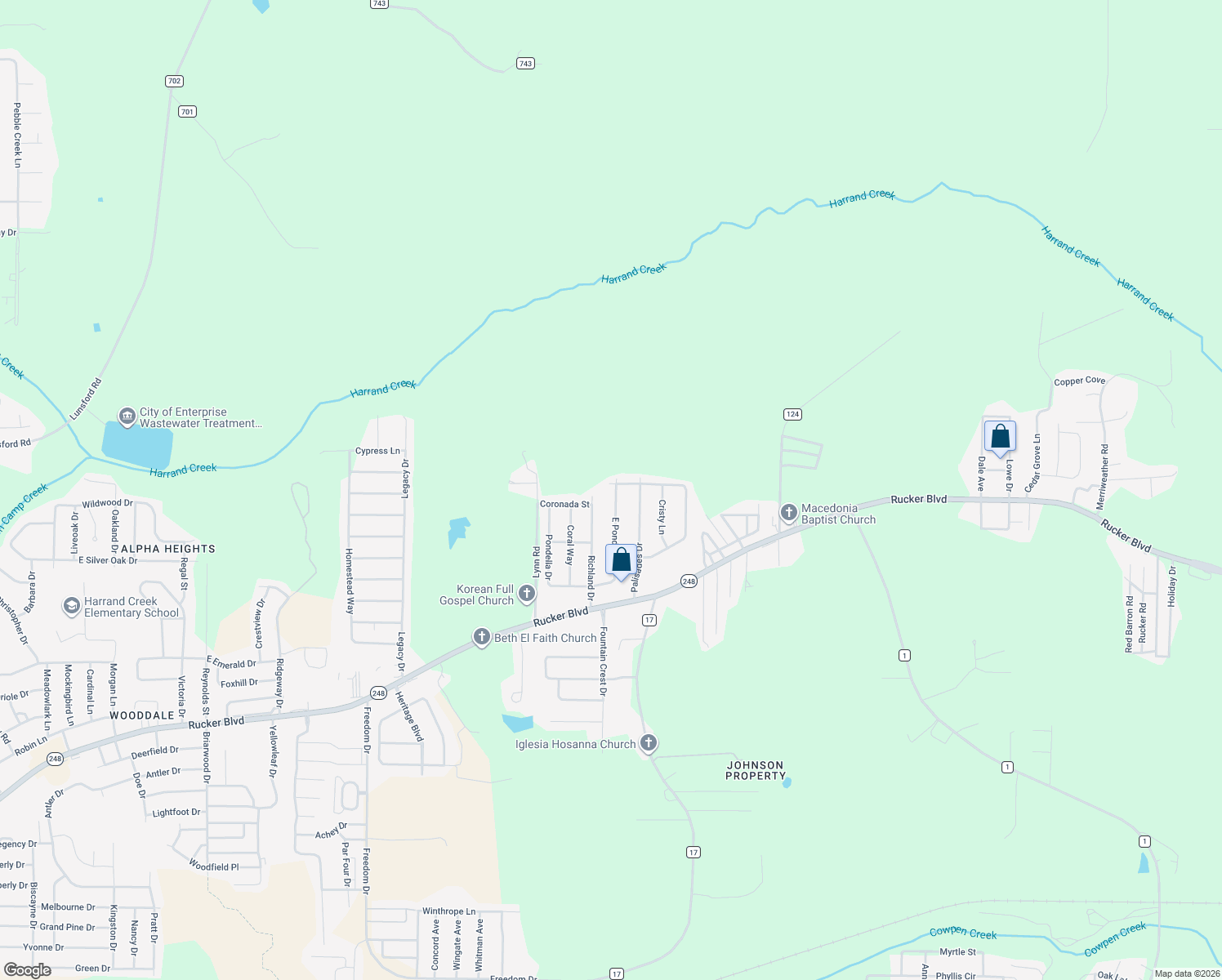 map of restaurants, bars, coffee shops, grocery stores, and more near 129 East Pondella Drive in Enterprise