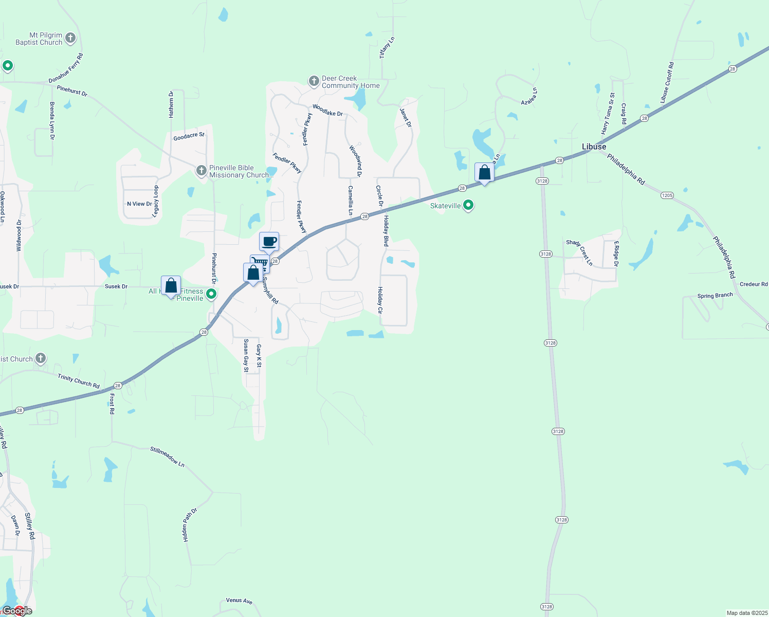 map of restaurants, bars, coffee shops, grocery stores, and more near 315 Holiday Cir in Pineville