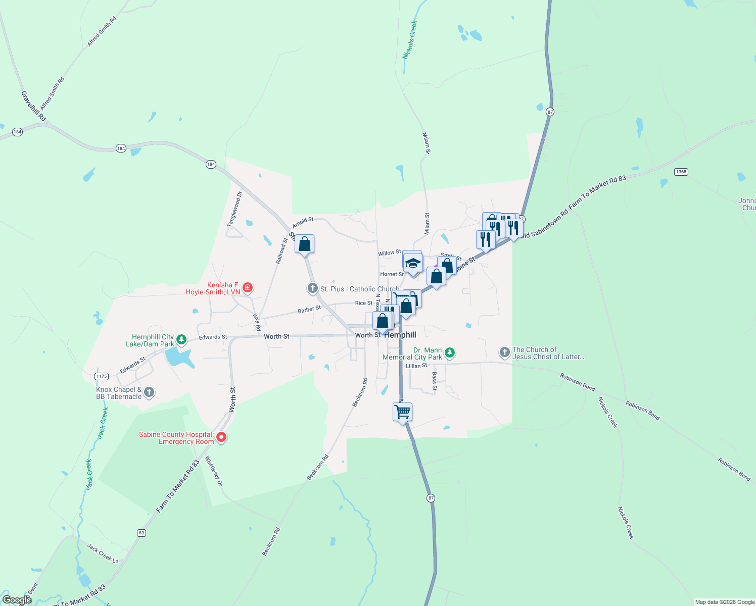 map of restaurants, bars, coffee shops, grocery stores, and more near Rice Street in Hemphill