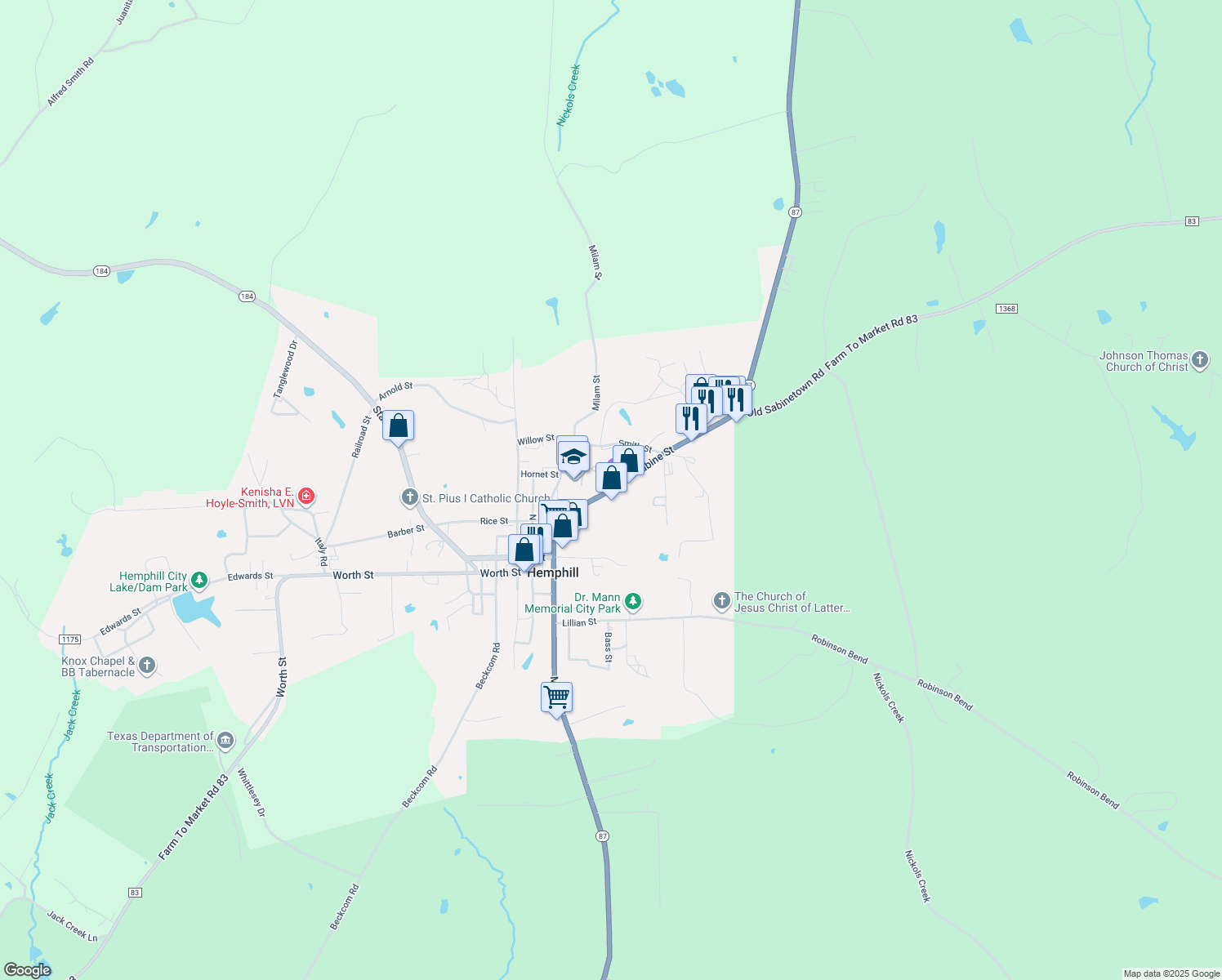 map of restaurants, bars, coffee shops, grocery stores, and more near 355 Farm to Market 83 in Hemphill