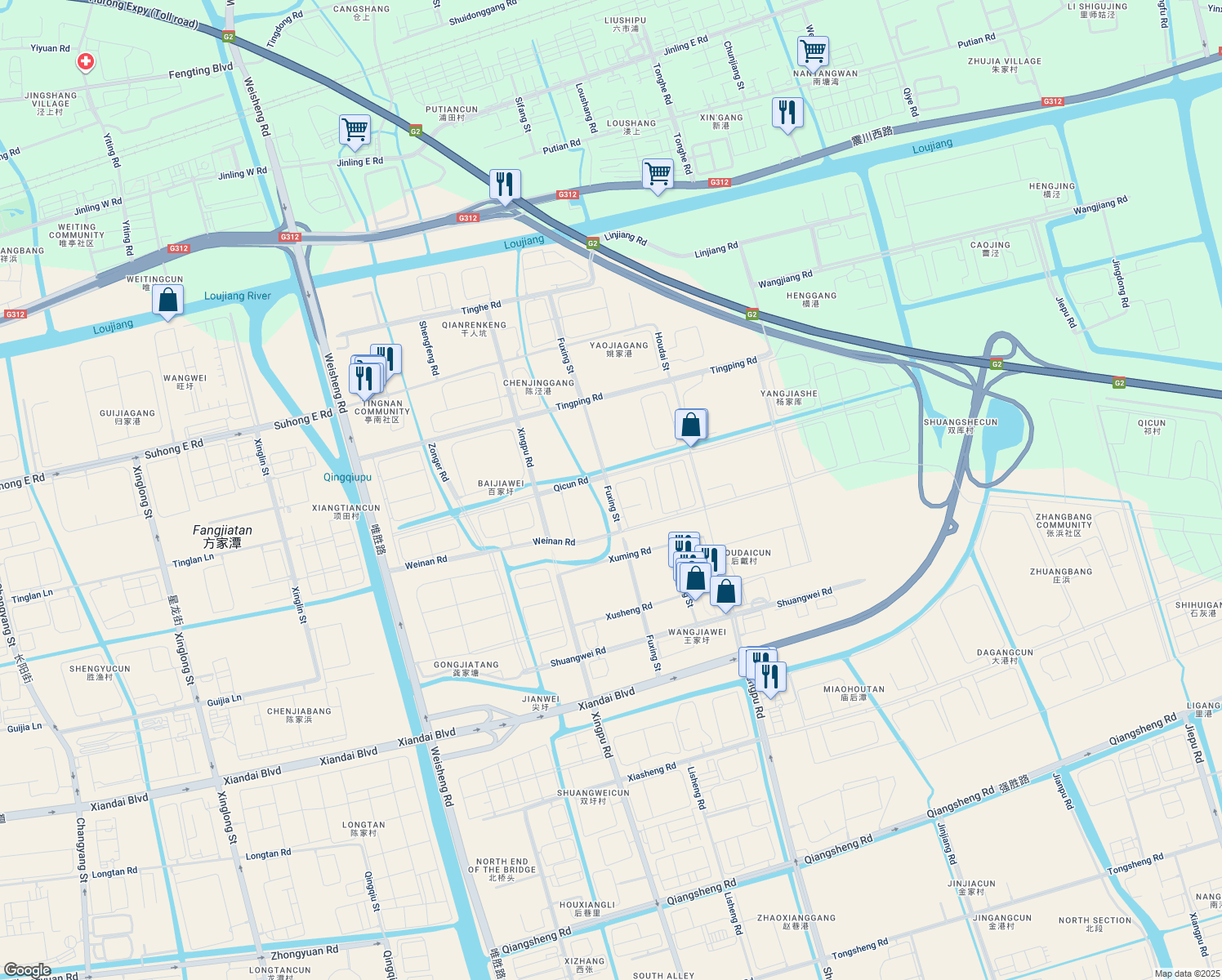 map of restaurants, bars, coffee shops, grocery stores, and more near Fuxing Street in Suzhou Shi