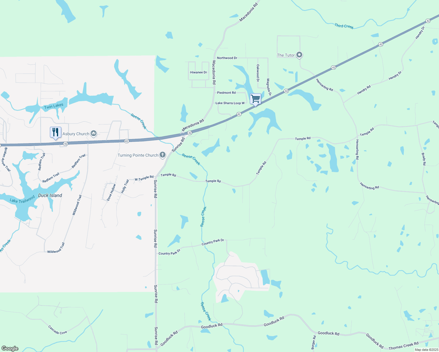 map of restaurants, bars, coffee shops, grocery stores, and more near 107 Temple Rd in Petal
