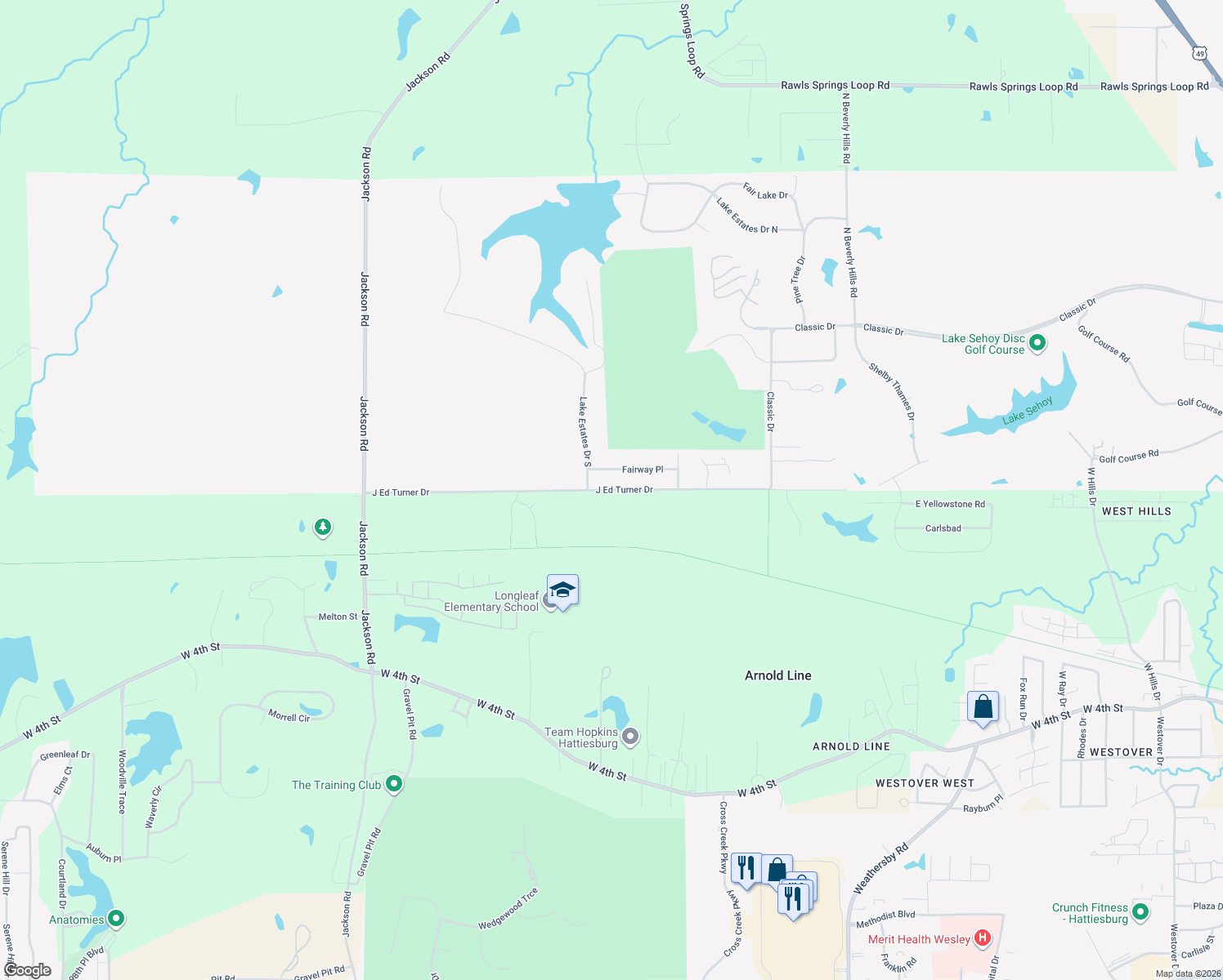 map of restaurants, bars, coffee shops, grocery stores, and more near J Ed Turner Dr in Hattiesburg