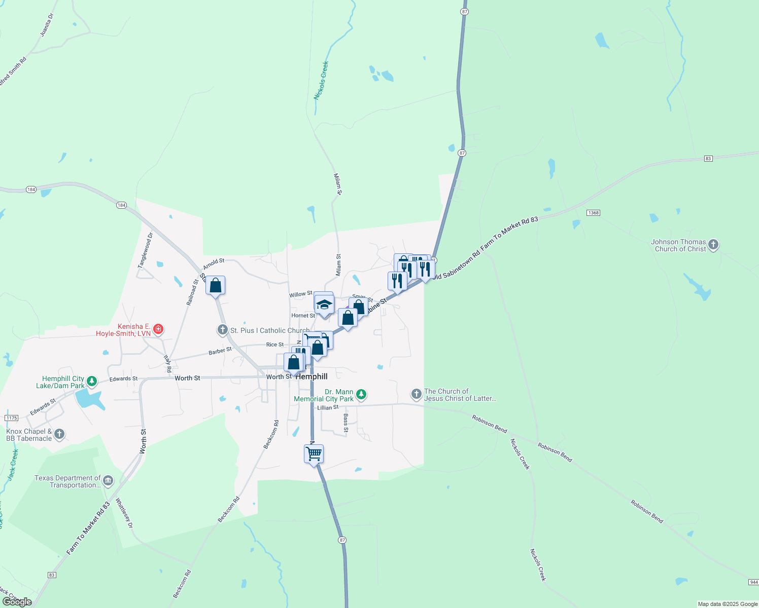 map of restaurants, bars, coffee shops, grocery stores, and more near 480 Adickes Allee Street in Hemphill