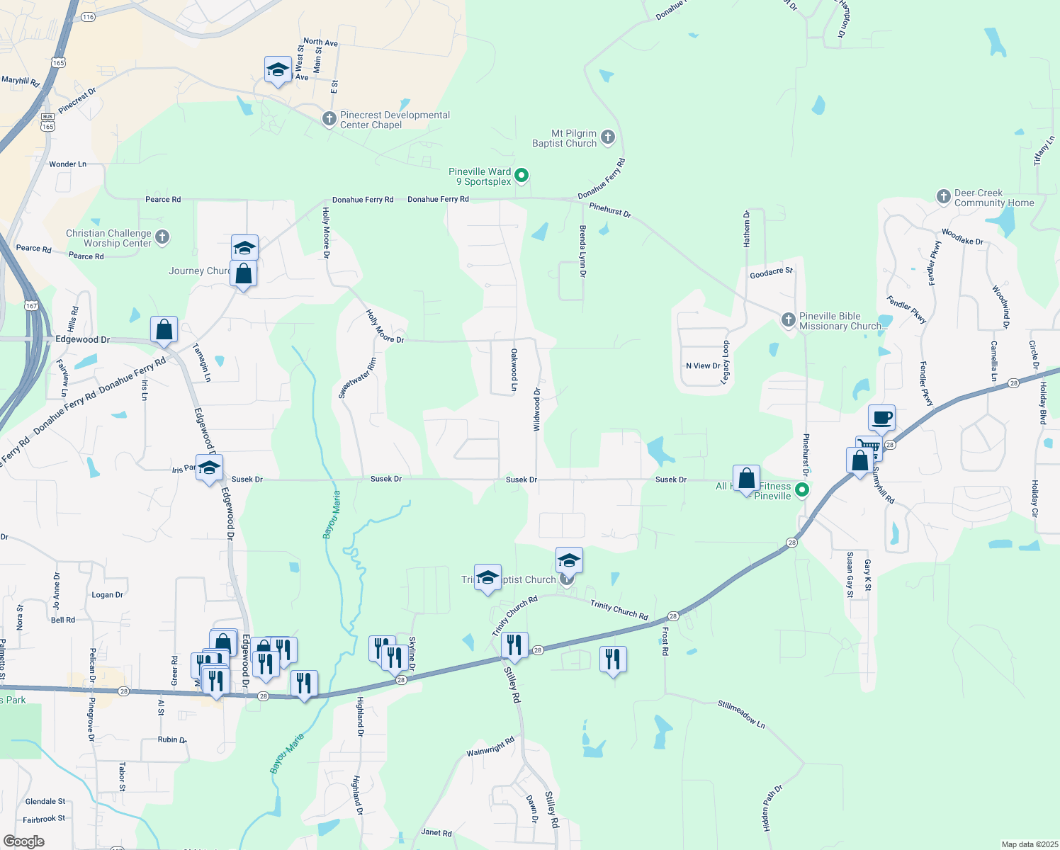 map of restaurants, bars, coffee shops, grocery stores, and more near 141 Wildwood Drive in Pineville