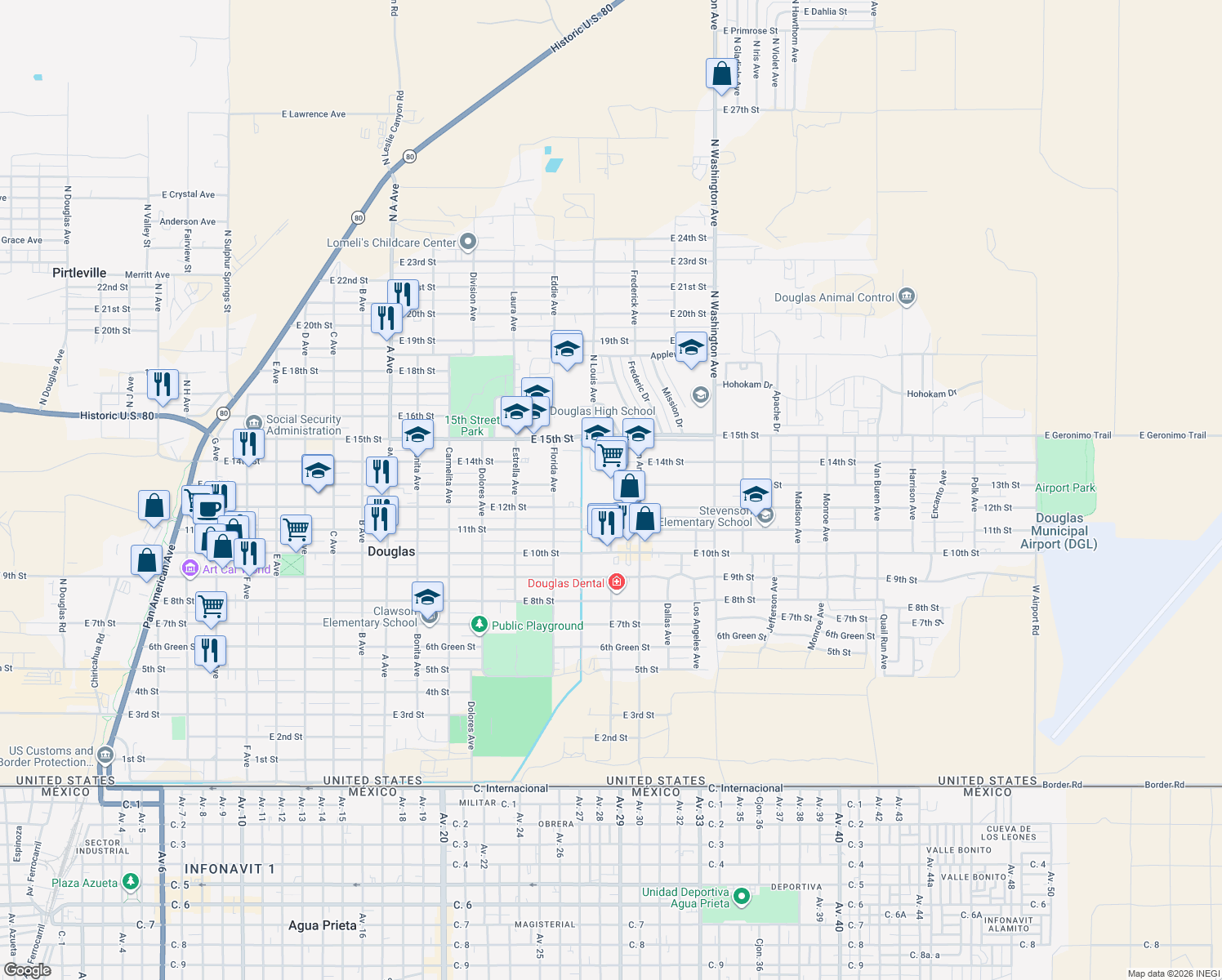 map of restaurants, bars, coffee shops, grocery stores, and more near 1798 East 12th Street in Douglas