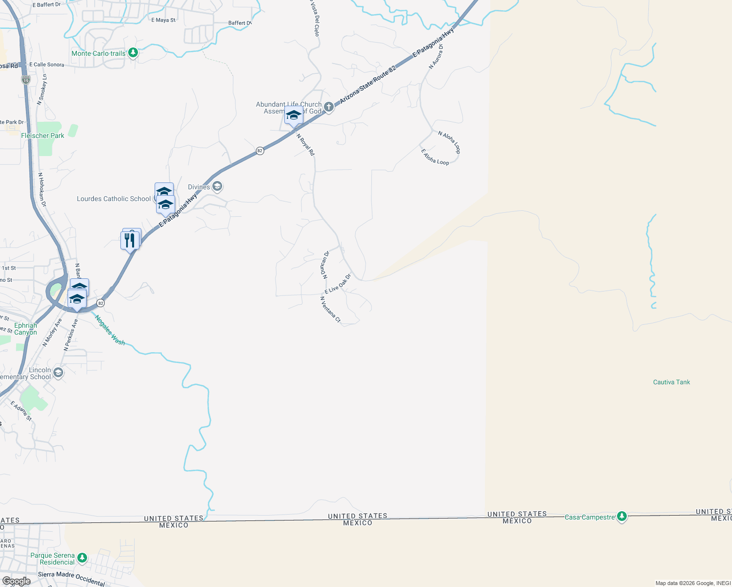 map of restaurants, bars, coffee shops, grocery stores, and more near 948 North Silver Lode Trail in Nogales