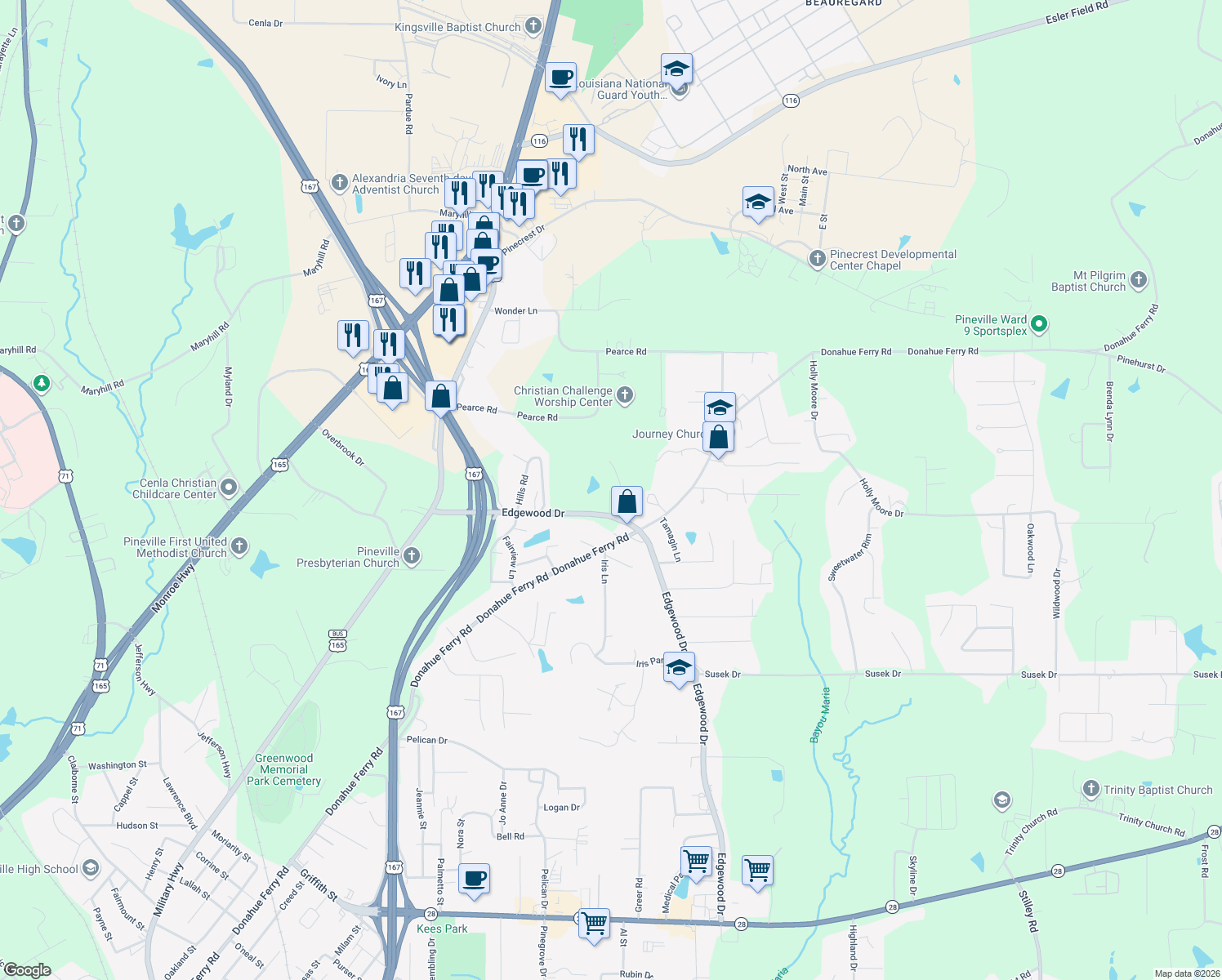 map of restaurants, bars, coffee shops, grocery stores, and more near 726 Edgewood Drive in Pineville