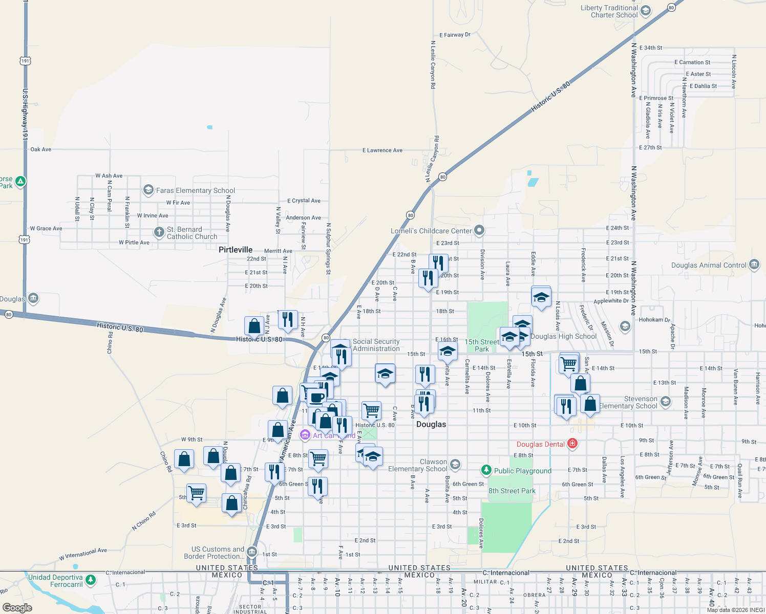 map of restaurants, bars, coffee shops, grocery stores, and more near 808 E 18th St in Douglas