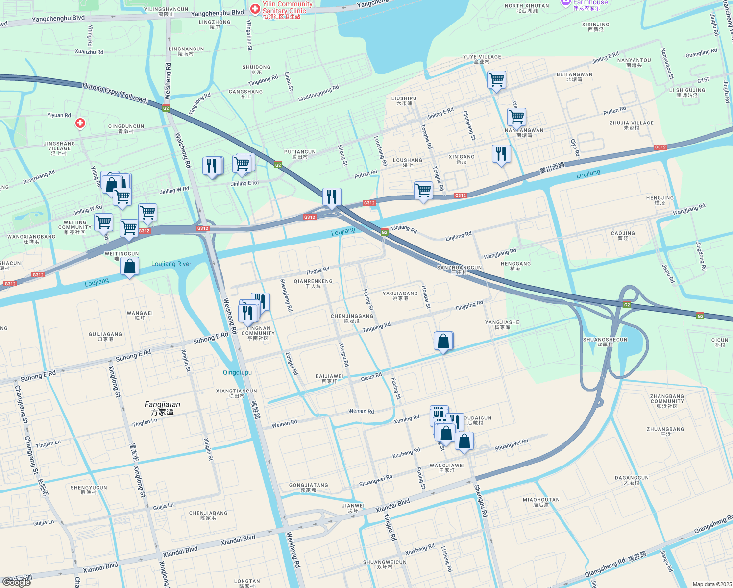 map of restaurants, bars, coffee shops, grocery stores, and more near Fuxing Street in Suzhou Shi