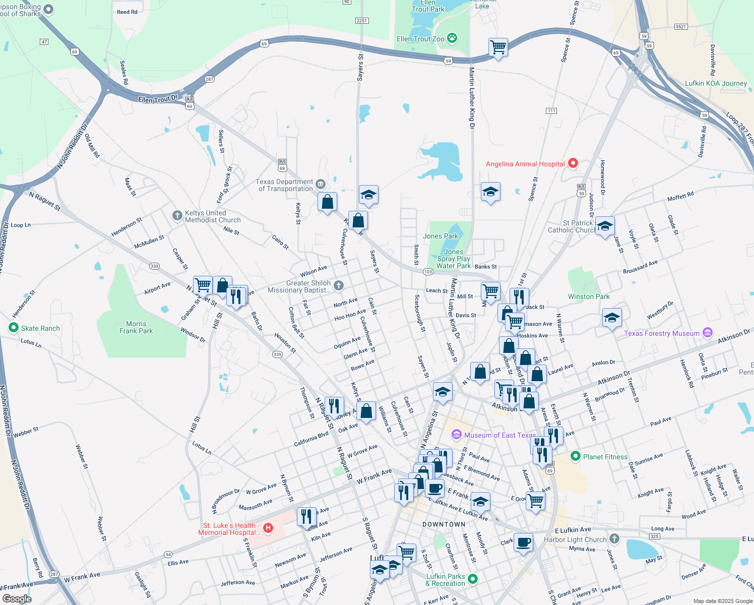 map of restaurants, bars, coffee shops, grocery stores, and more near 612 Hoo Hoo Avenue in Lufkin