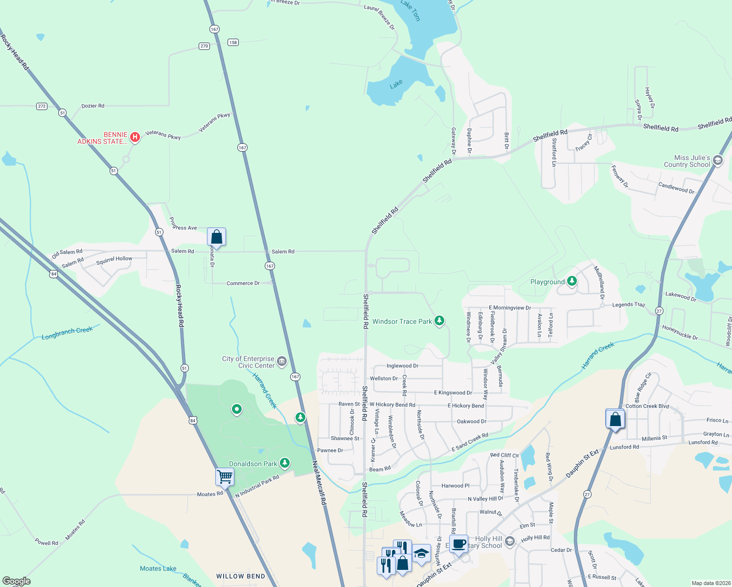 map of restaurants, bars, coffee shops, grocery stores, and more near 2799 Shellfield Road in Enterprise