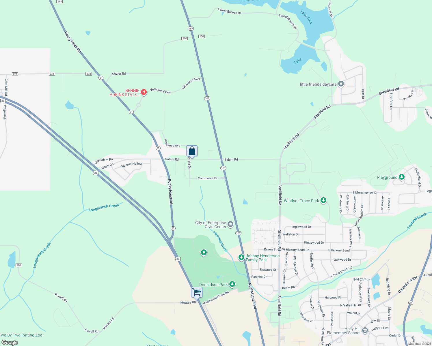 map of restaurants, bars, coffee shops, grocery stores, and more near 102 Commerce Drive in Enterprise