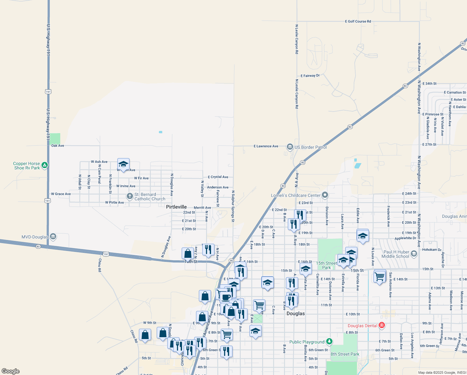 map of restaurants, bars, coffee shops, grocery stores, and more near 2498 N Sulphur Springs St in Douglas