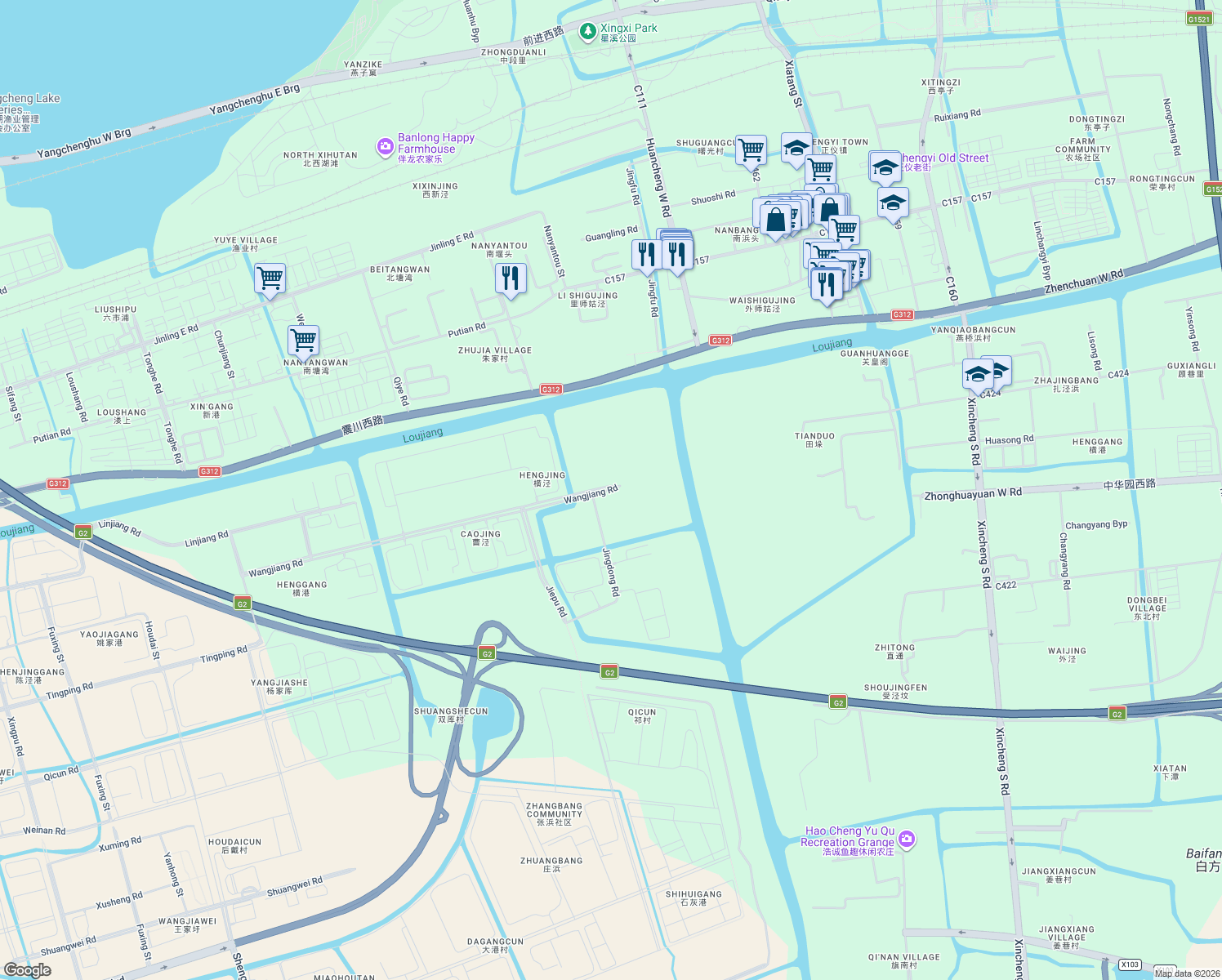 map of restaurants, bars, coffee shops, grocery stores, and more near Wang Jiang Lu in Su Zhou Shi