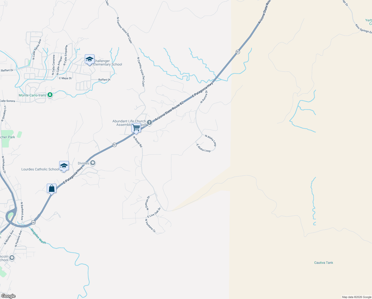 map of restaurants, bars, coffee shops, grocery stores, and more near 2401 Patagonia Road in Nogales