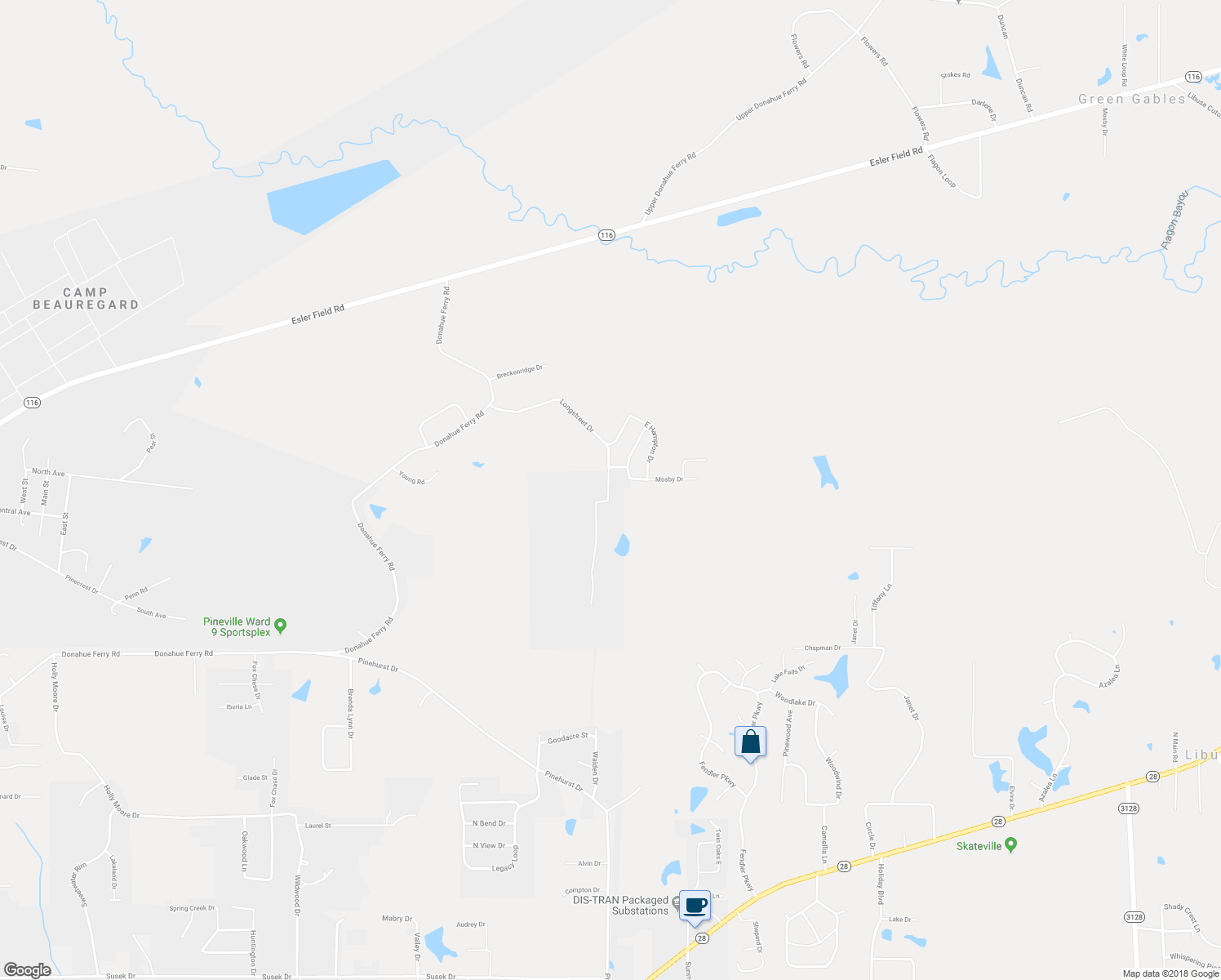 map of restaurants, bars, coffee shops, grocery stores, and more near 416 Longstreet Drive in Pineville