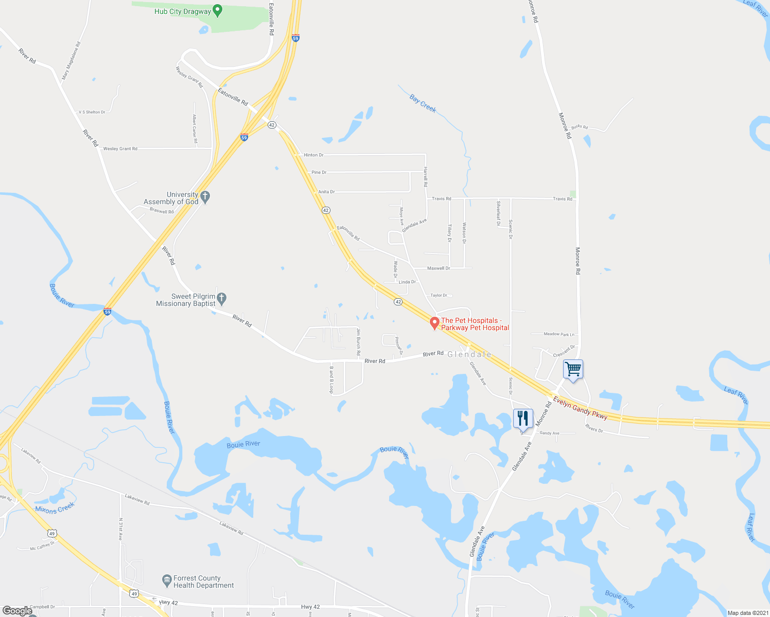 map of restaurants, bars, coffee shops, grocery stores, and more near 2066 Evelyn Gandy Parkway in Hattiesburg