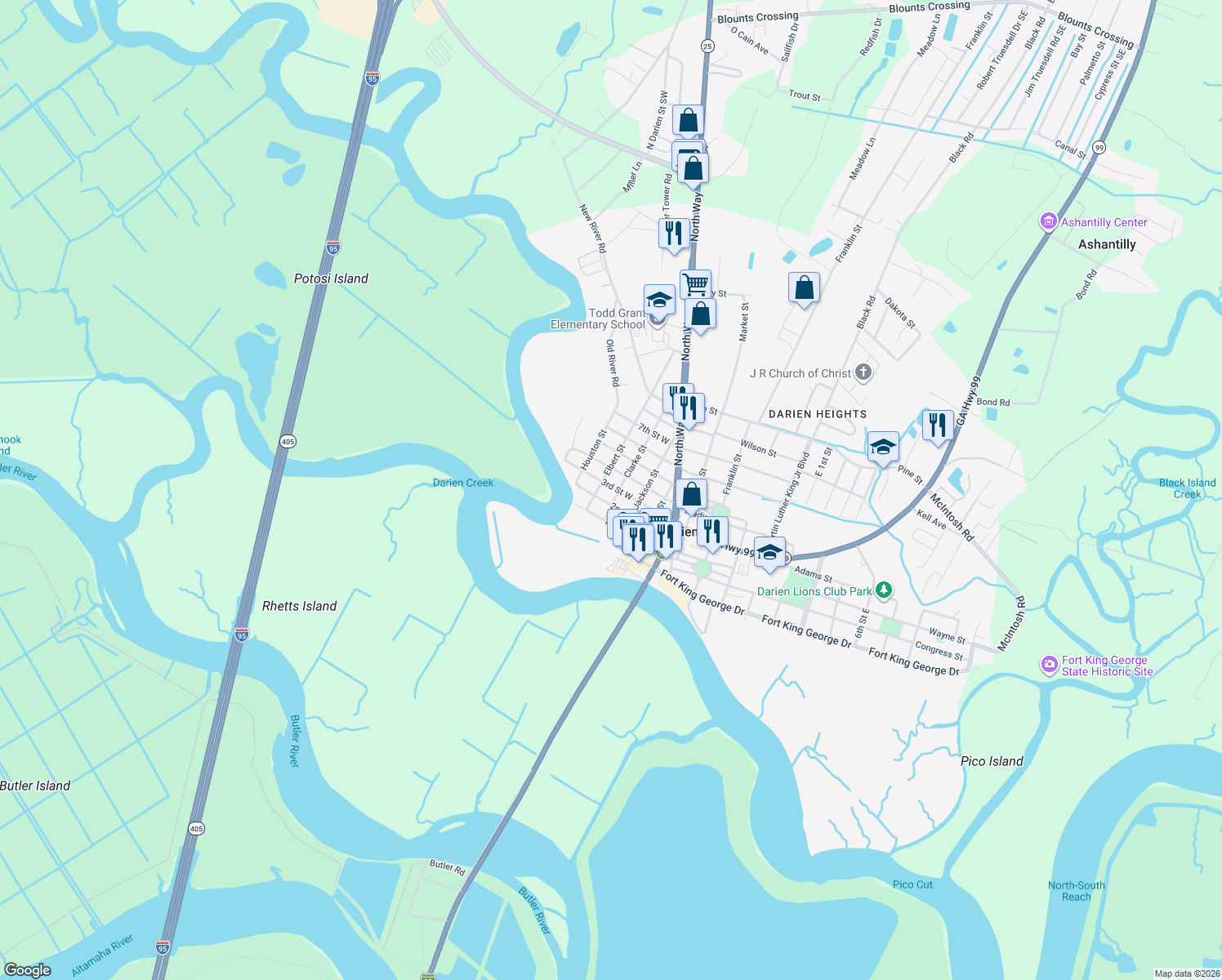 map of restaurants, bars, coffee shops, grocery stores, and more near 400-498 3rd Street West in Darien