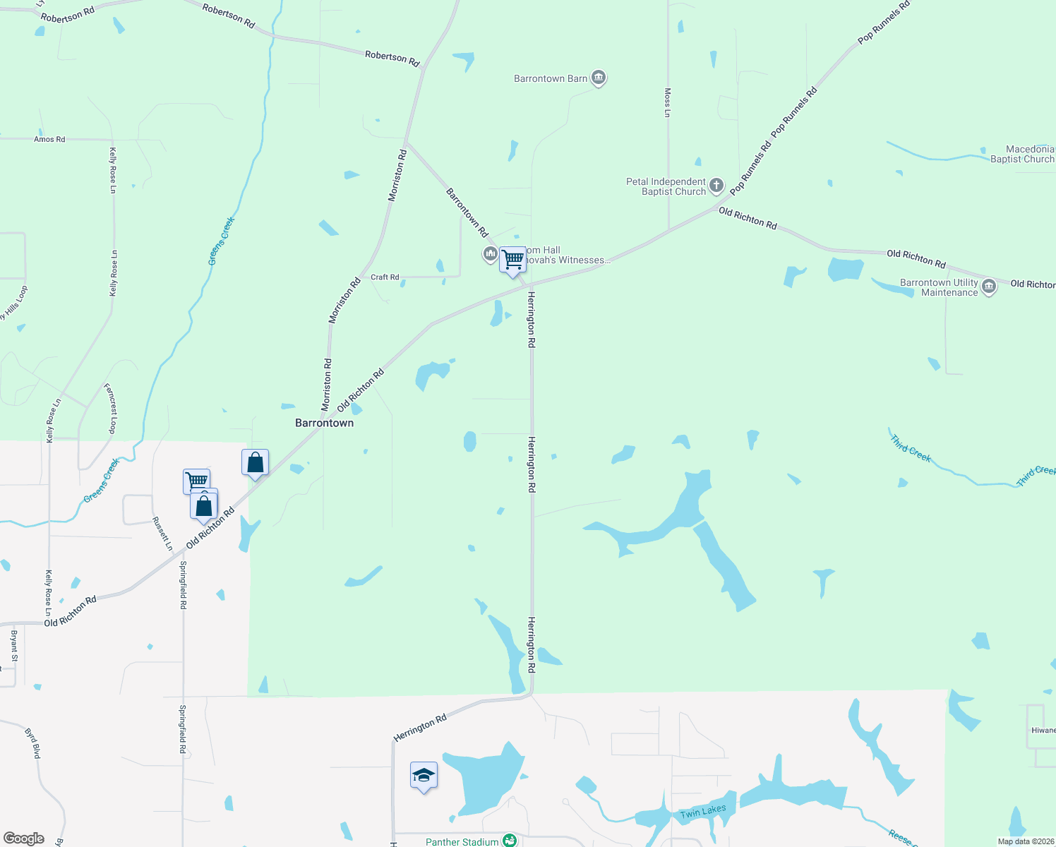 map of restaurants, bars, coffee shops, grocery stores, and more near 417 Herrington Rd in Petal