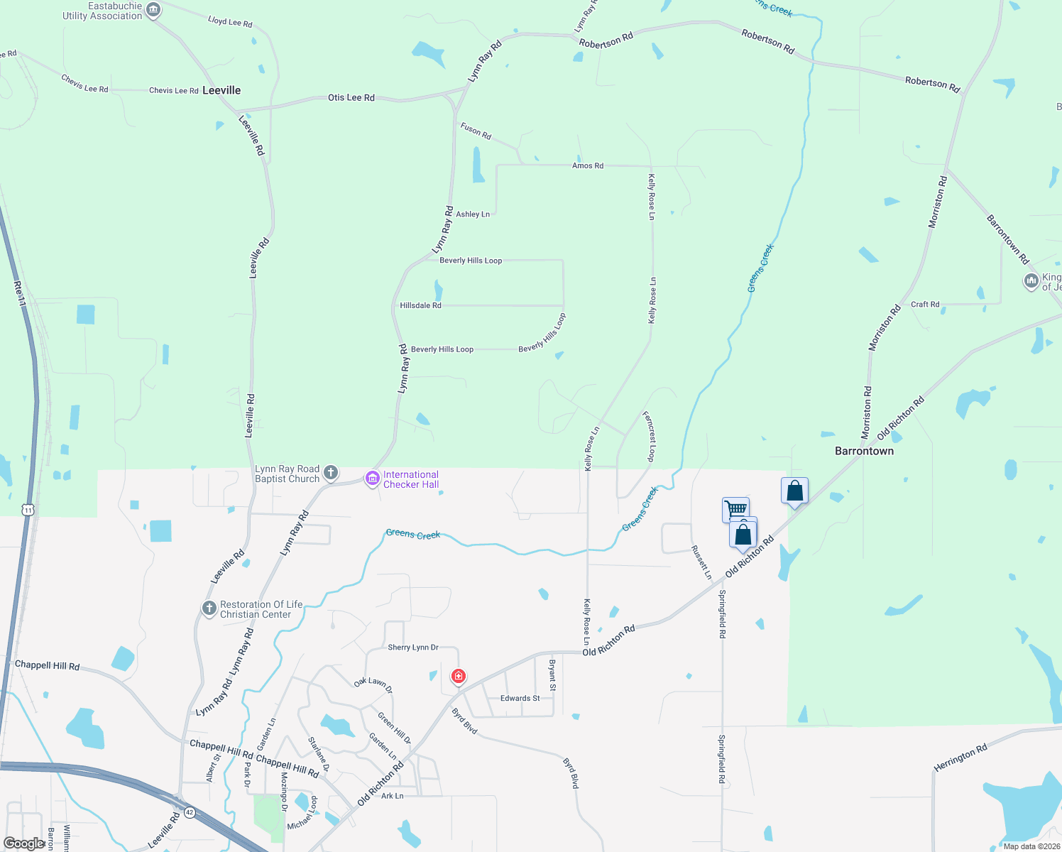 map of restaurants, bars, coffee shops, grocery stores, and more near 41 Village Loop in Petal
