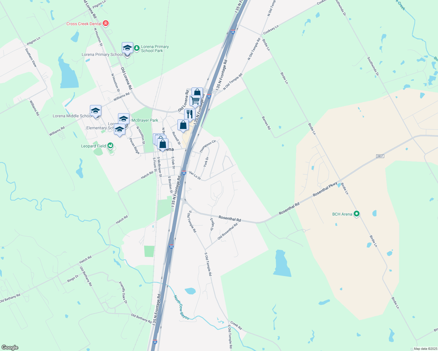 map of restaurants, bars, coffee shops, grocery stores, and more near 619A Verlo Dr in Lorena