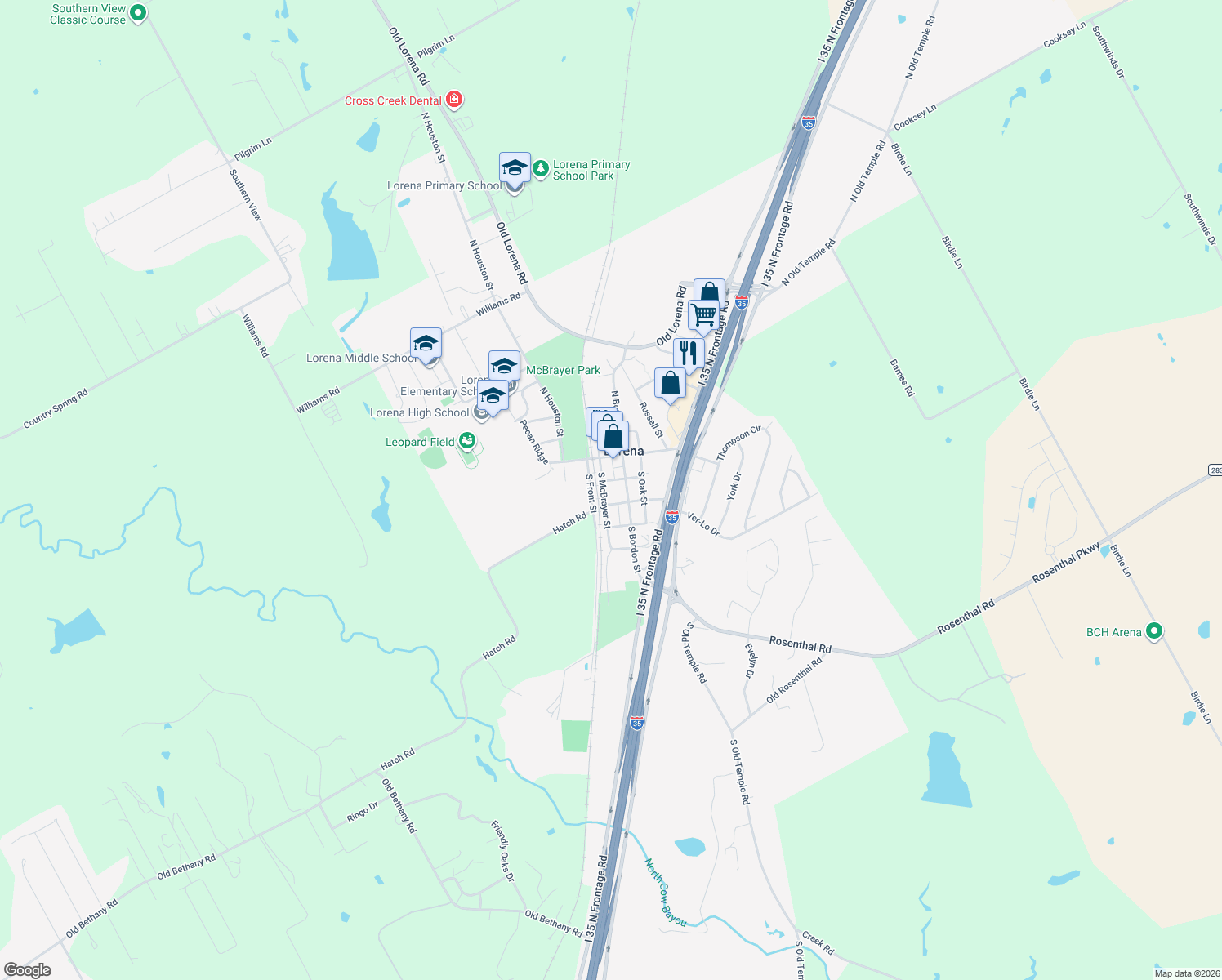 map of restaurants, bars, coffee shops, grocery stores, and more near 203 South McBrayer Street in Lorena