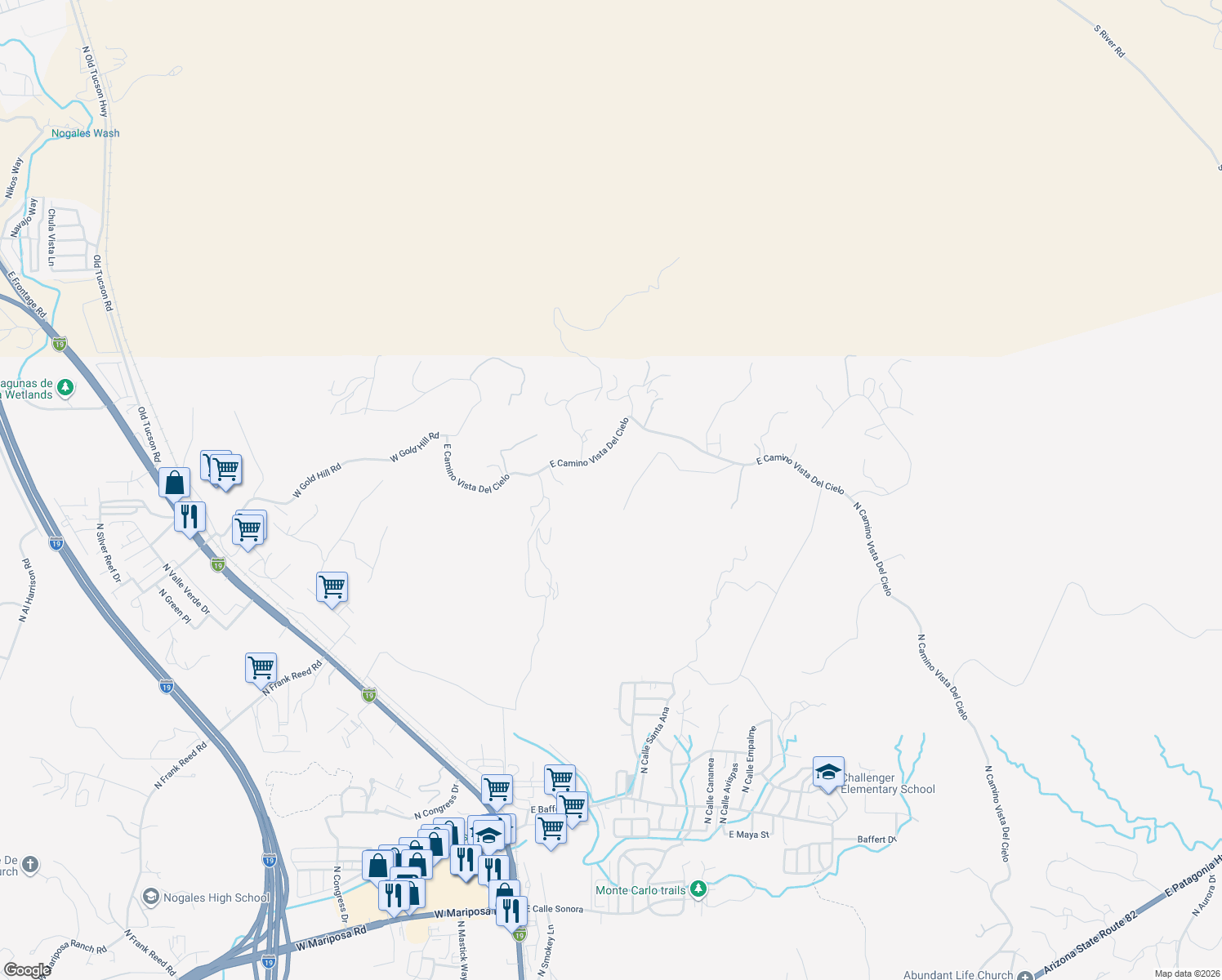 map of restaurants, bars, coffee shops, grocery stores, and more near 2941 North Manzanita Lane in Nogales