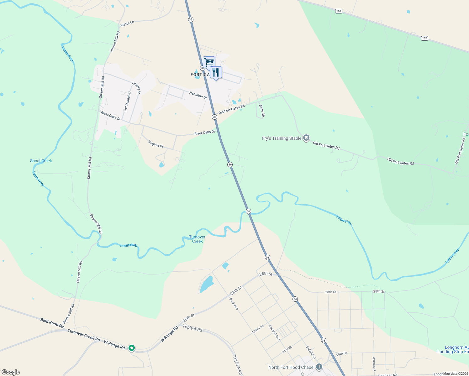 map of restaurants, bars, coffee shops, grocery stores, and more near 4812 Texas 36 in Gatesville