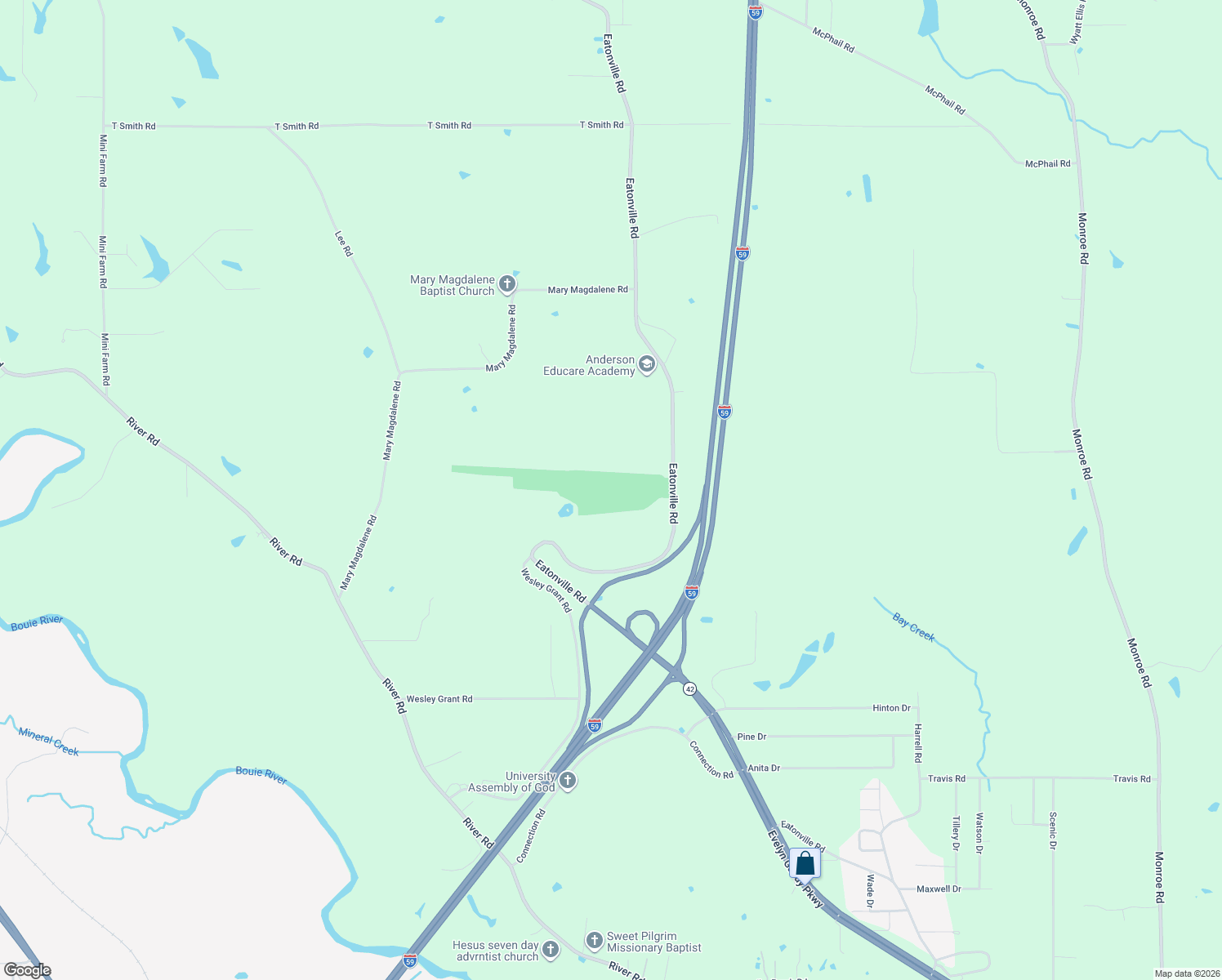 map of restaurants, bars, coffee shops, grocery stores, and more near 331 Eatonville Road in Hattiesburg