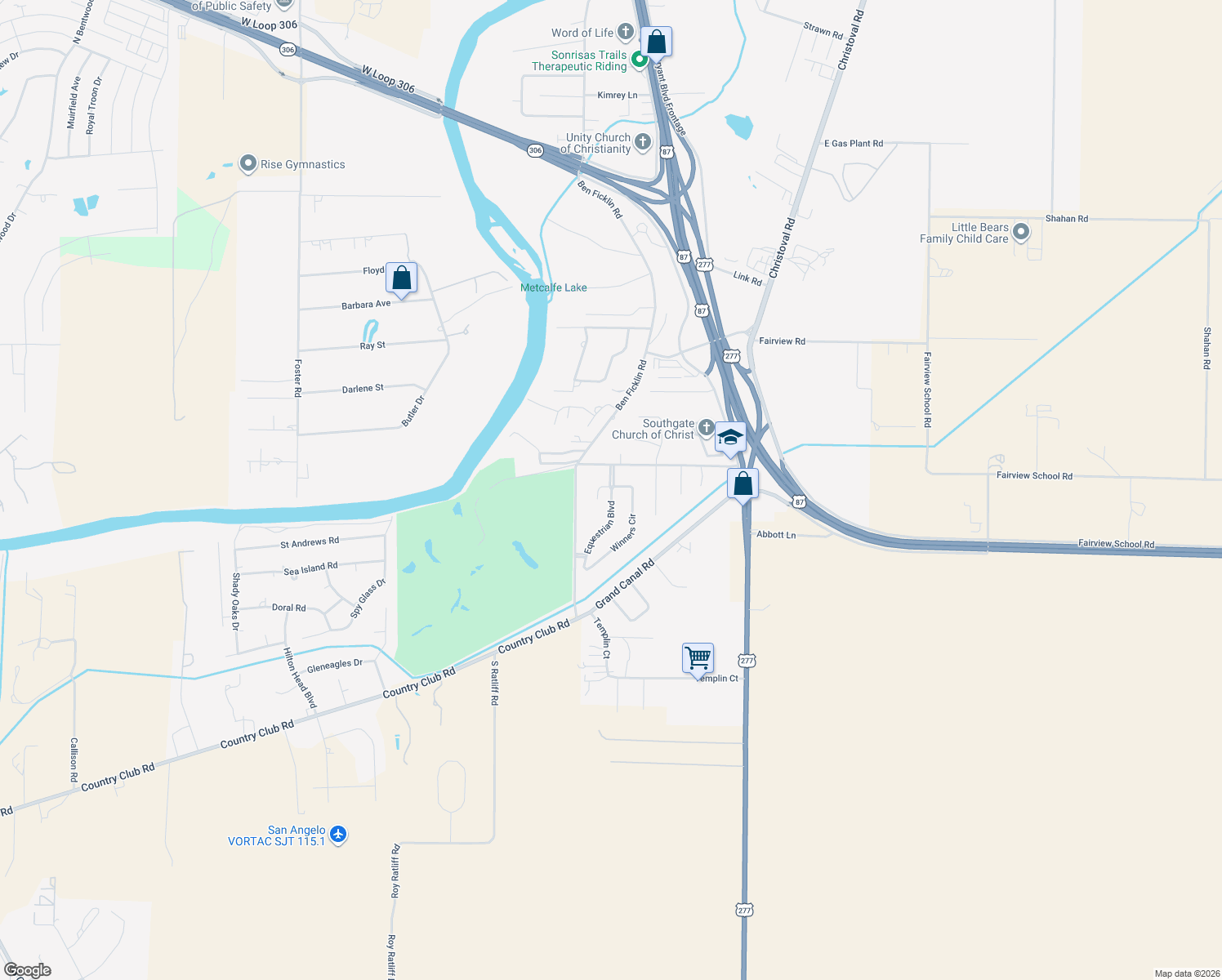 map of restaurants, bars, coffee shops, grocery stores, and more near 6021 Equestrian Boulevard in San Angelo