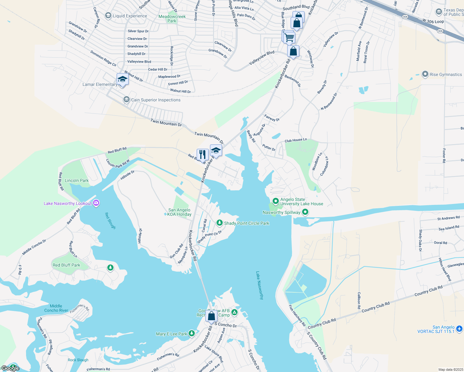 map of restaurants, bars, coffee shops, grocery stores, and more near 1998 Cove Road in San Angelo