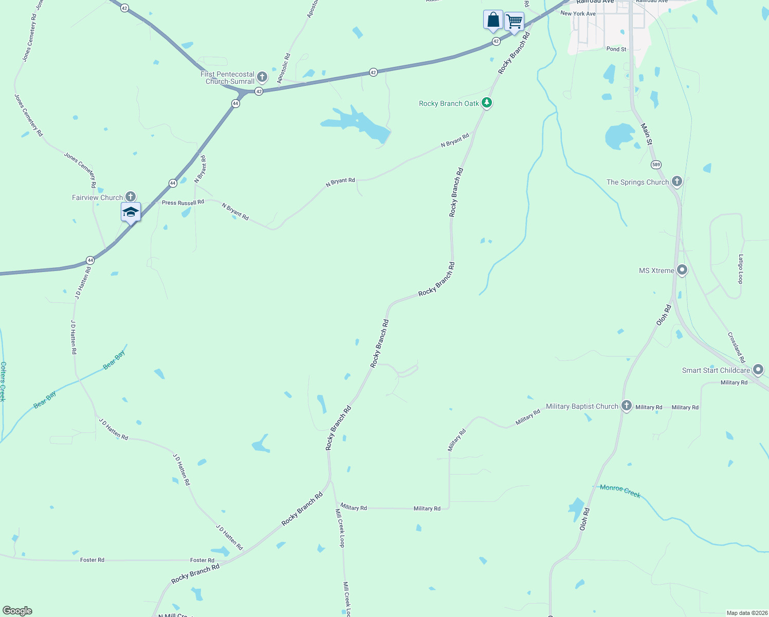 map of restaurants, bars, coffee shops, grocery stores, and more near 3923 Rocky Branch Road in Sumrall