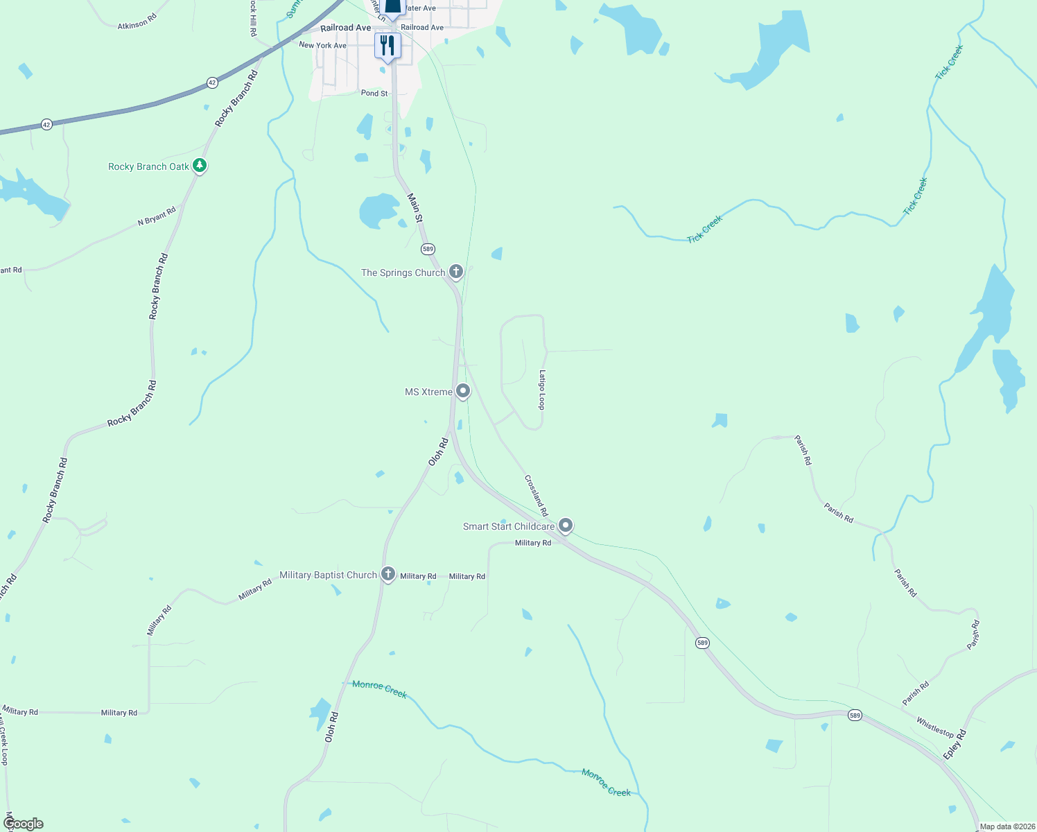 map of restaurants, bars, coffee shops, grocery stores, and more near 181 Latigo Loop in Sumrall