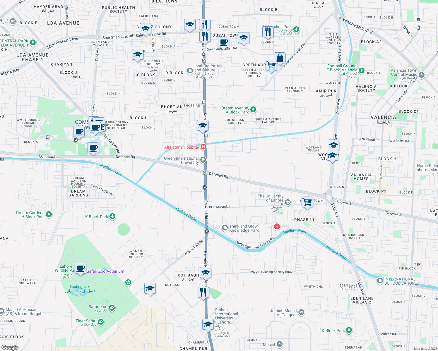 map of restaurants, bars, coffee shops, grocery stores, and more near Defence Road in Lahore