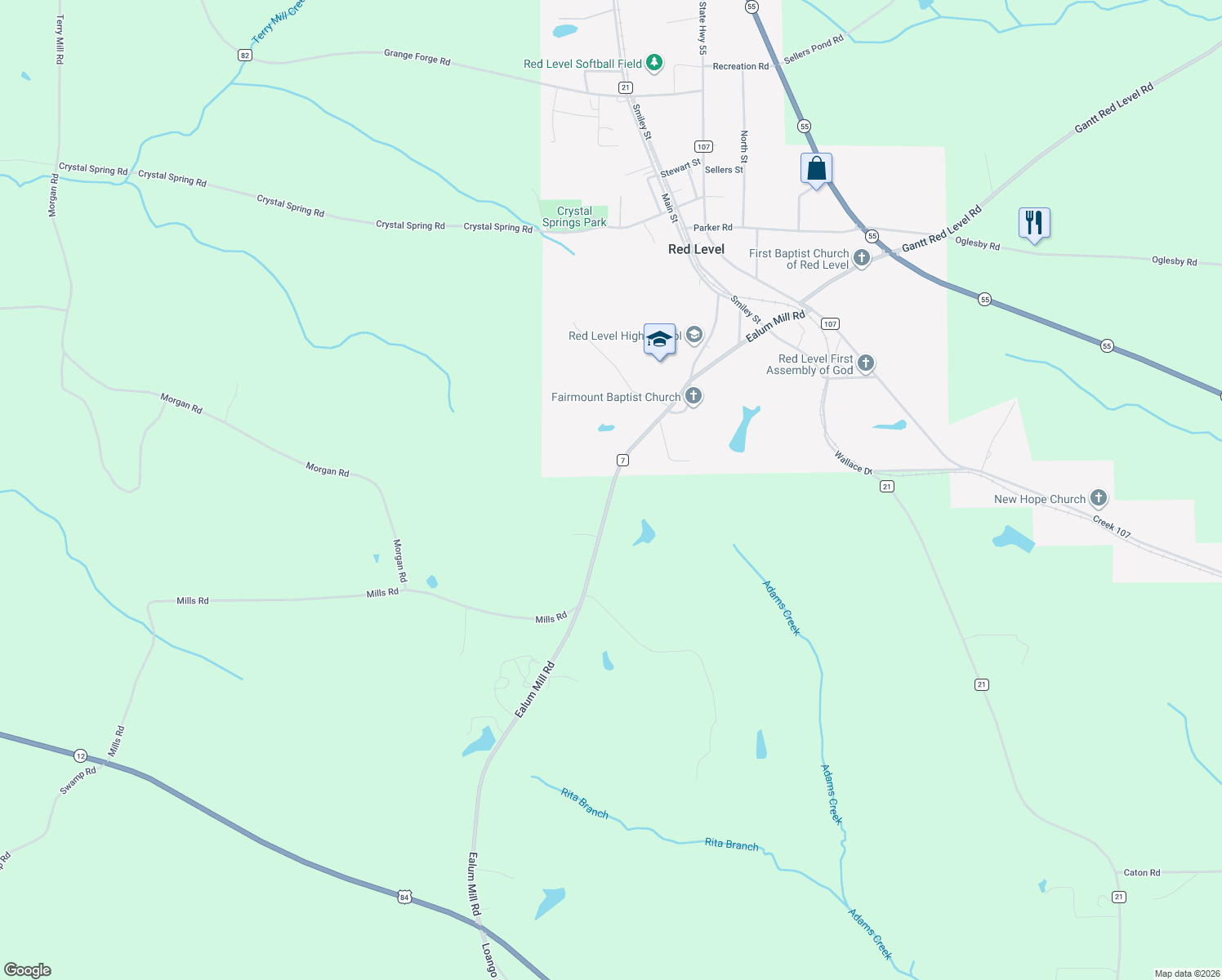 map of restaurants, bars, coffee shops, grocery stores, and more near Ealum Mill Rd in Red Level