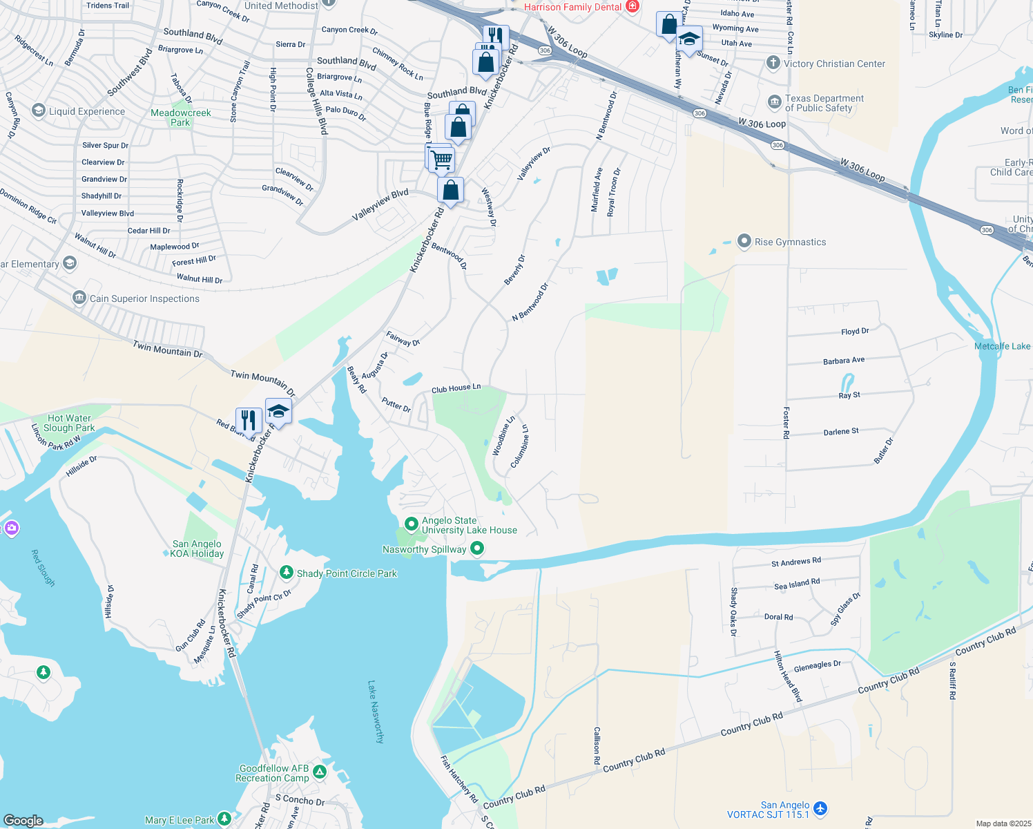 map of restaurants, bars, coffee shops, grocery stores, and more near 5510 Woodbine Lane in San Angelo