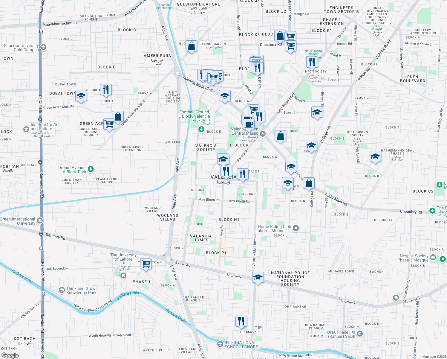 map of restaurants, bars, coffee shops, grocery stores, and more near in Lahore
