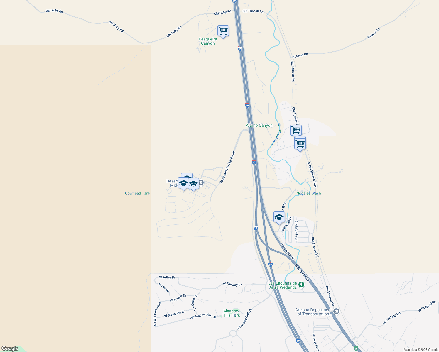 map of restaurants, bars, coffee shops, grocery stores, and more near 121 Camino Don Guillermo in Nogales