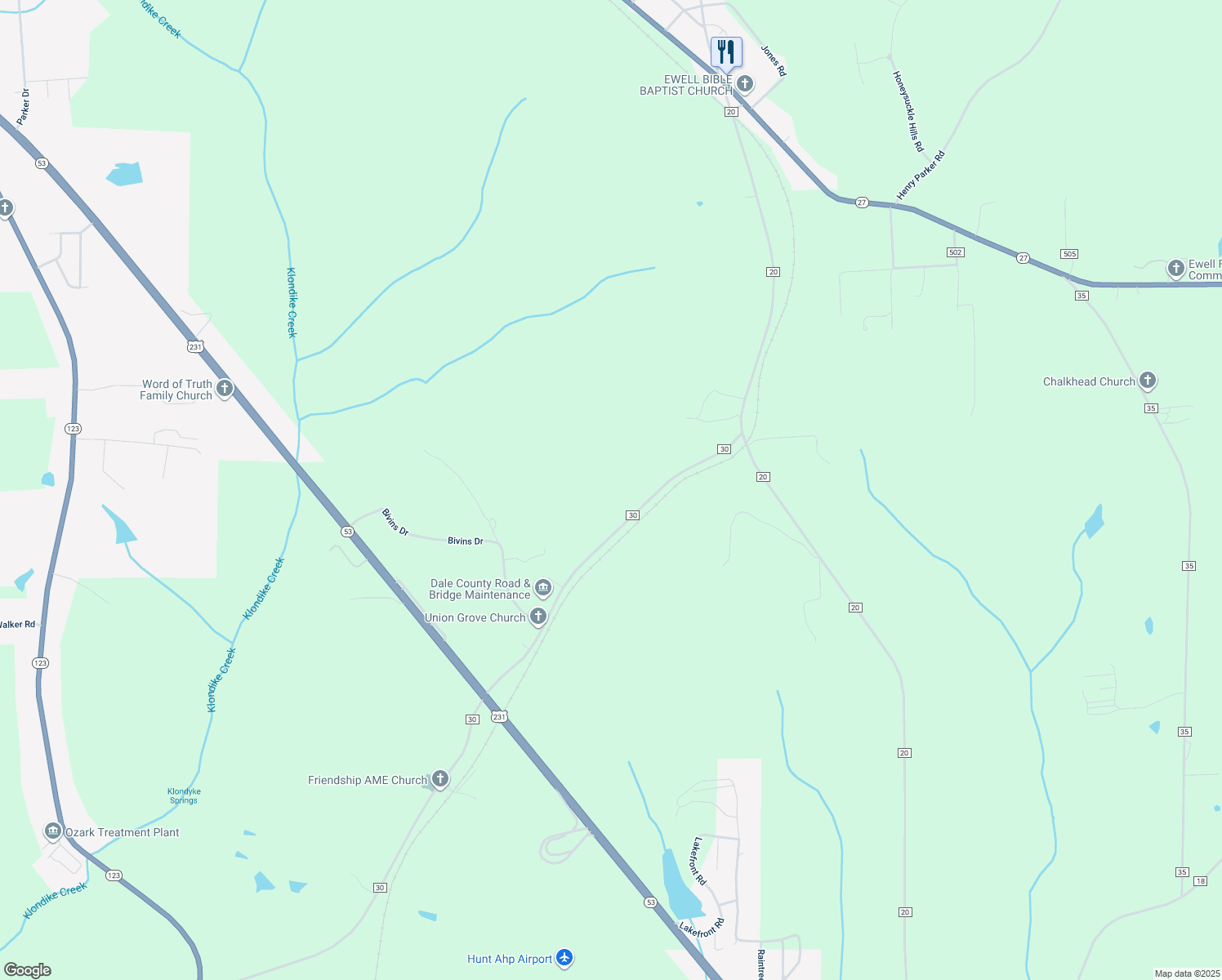 map of restaurants, bars, coffee shops, grocery stores, and more near 2133 County Road 30 in Ozark