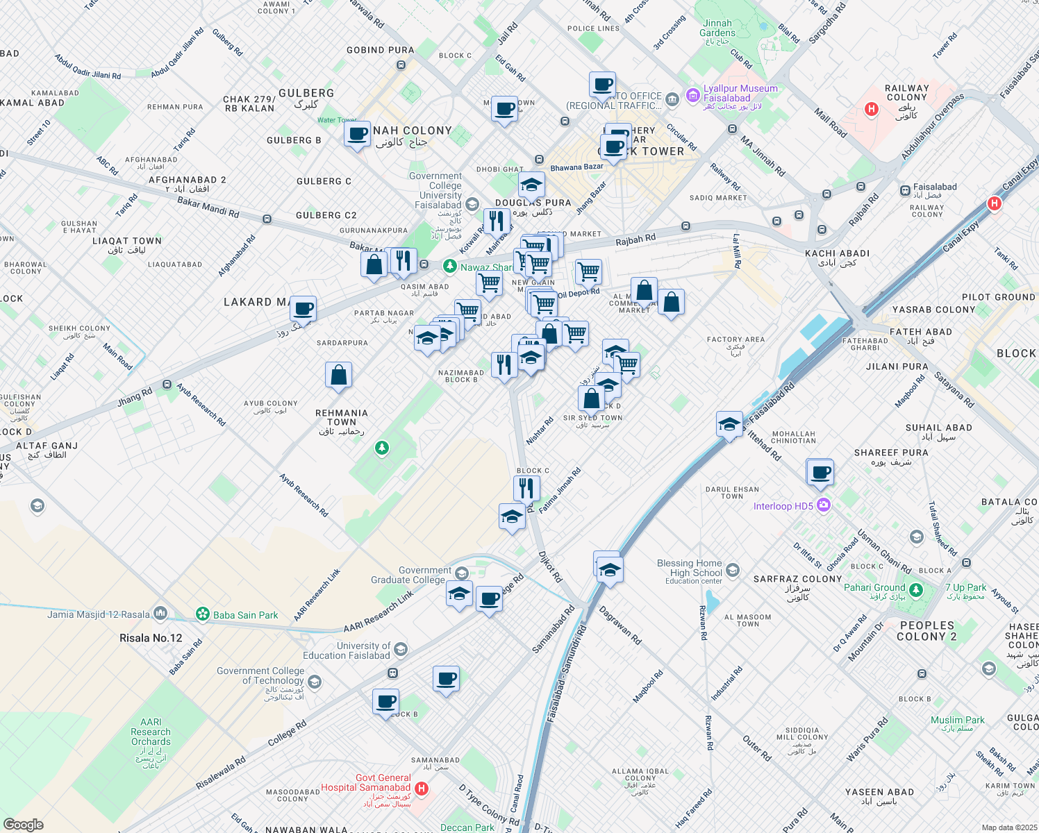 map of restaurants, bars, coffee shops, grocery stores, and more near Dijkot Road in Faisalabad