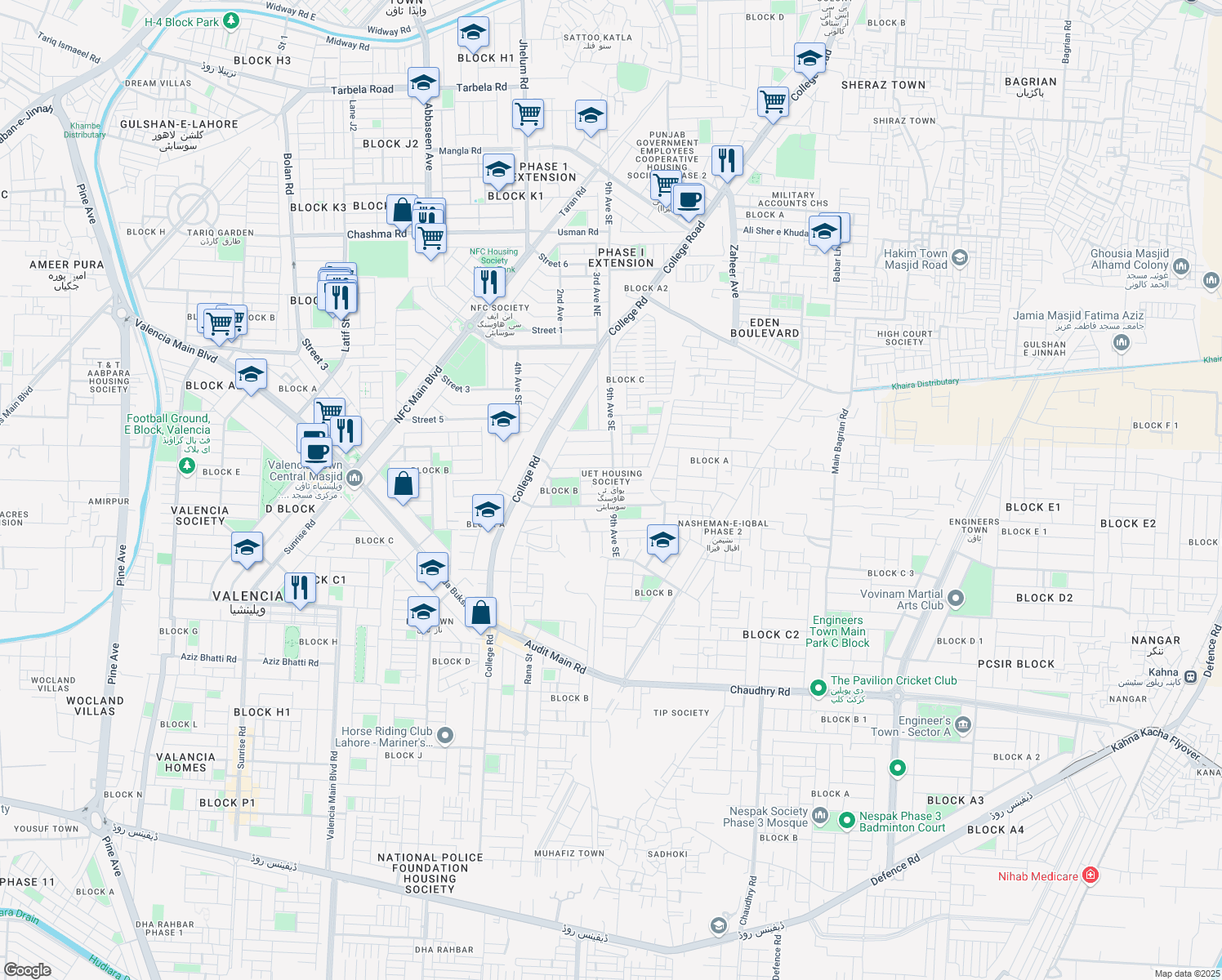 map of restaurants, bars, coffee shops, grocery stores, and more near in Lahore