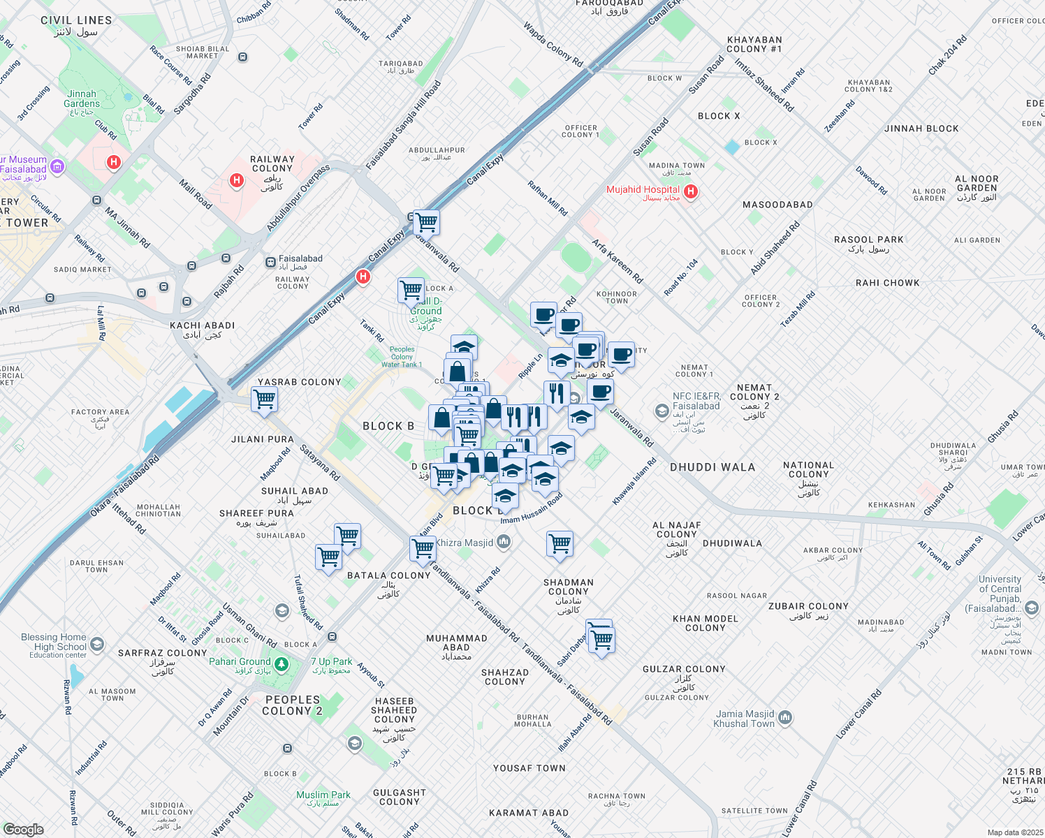 map of restaurants, bars, coffee shops, grocery stores, and more near Chen One Road in Faisalabad