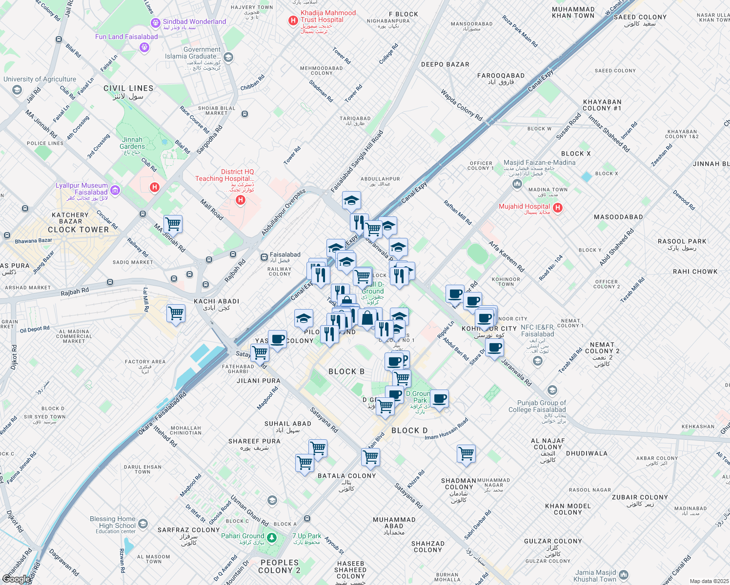 map of restaurants, bars, coffee shops, grocery stores, and more near Jogging Track in Faisalabad