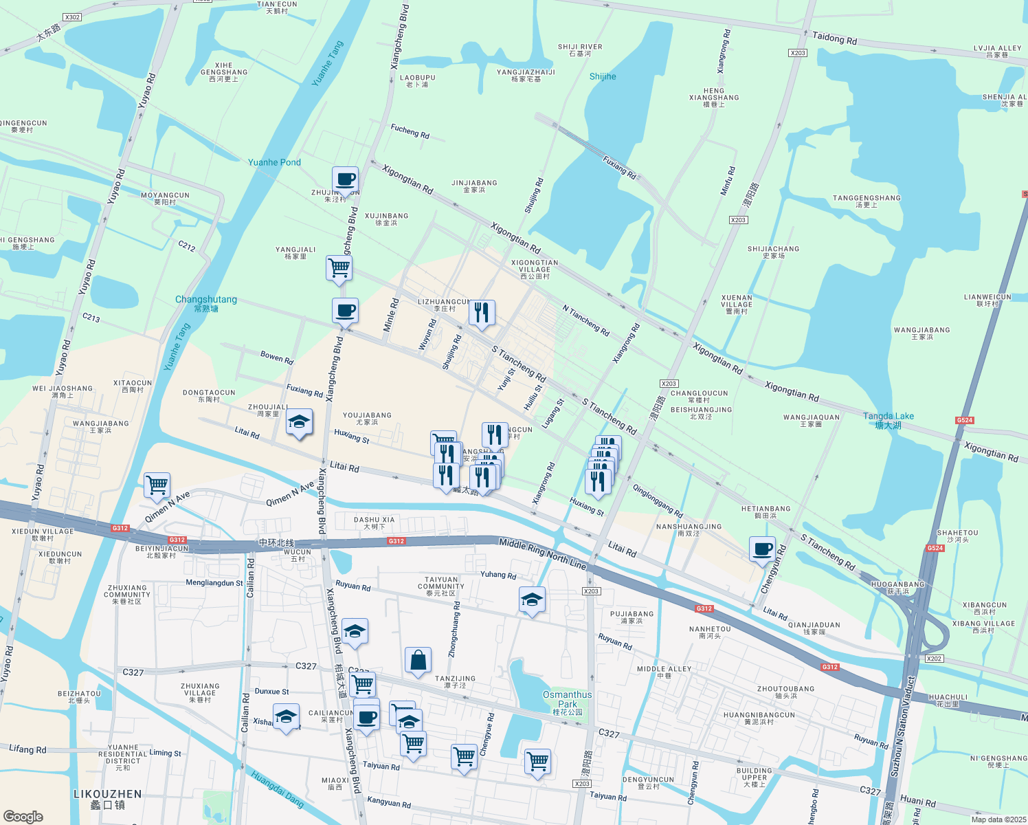 map of restaurants, bars, coffee shops, grocery stores, and more near Qing Long Gang Lu in Su Zhou Shi