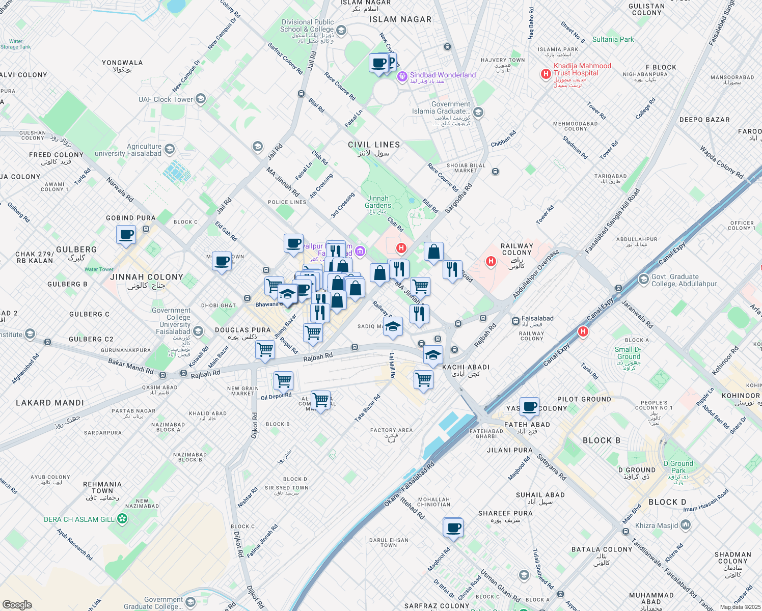 map of restaurants, bars, coffee shops, grocery stores, and more near Railway Road in Faisalabad