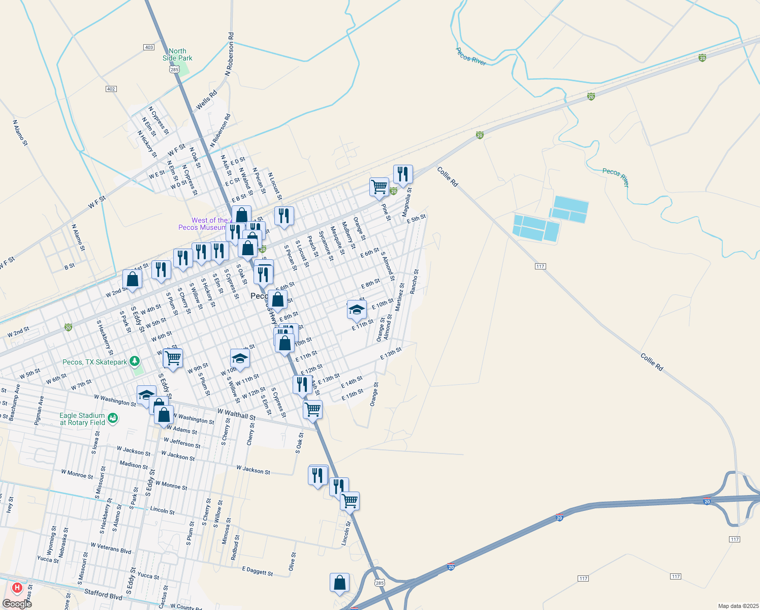 map of restaurants, bars, coffee shops, grocery stores, and more near 1018 East 10th Street in Pecos