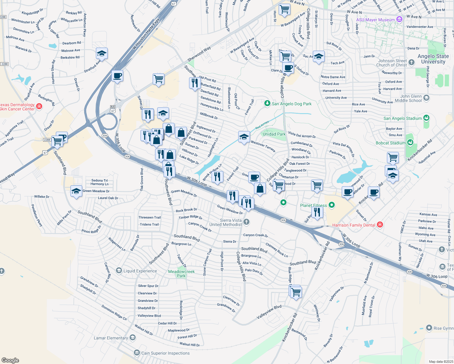 map of restaurants, bars, coffee shops, grocery stores, and more near 4249 Forest Trail in San Angelo