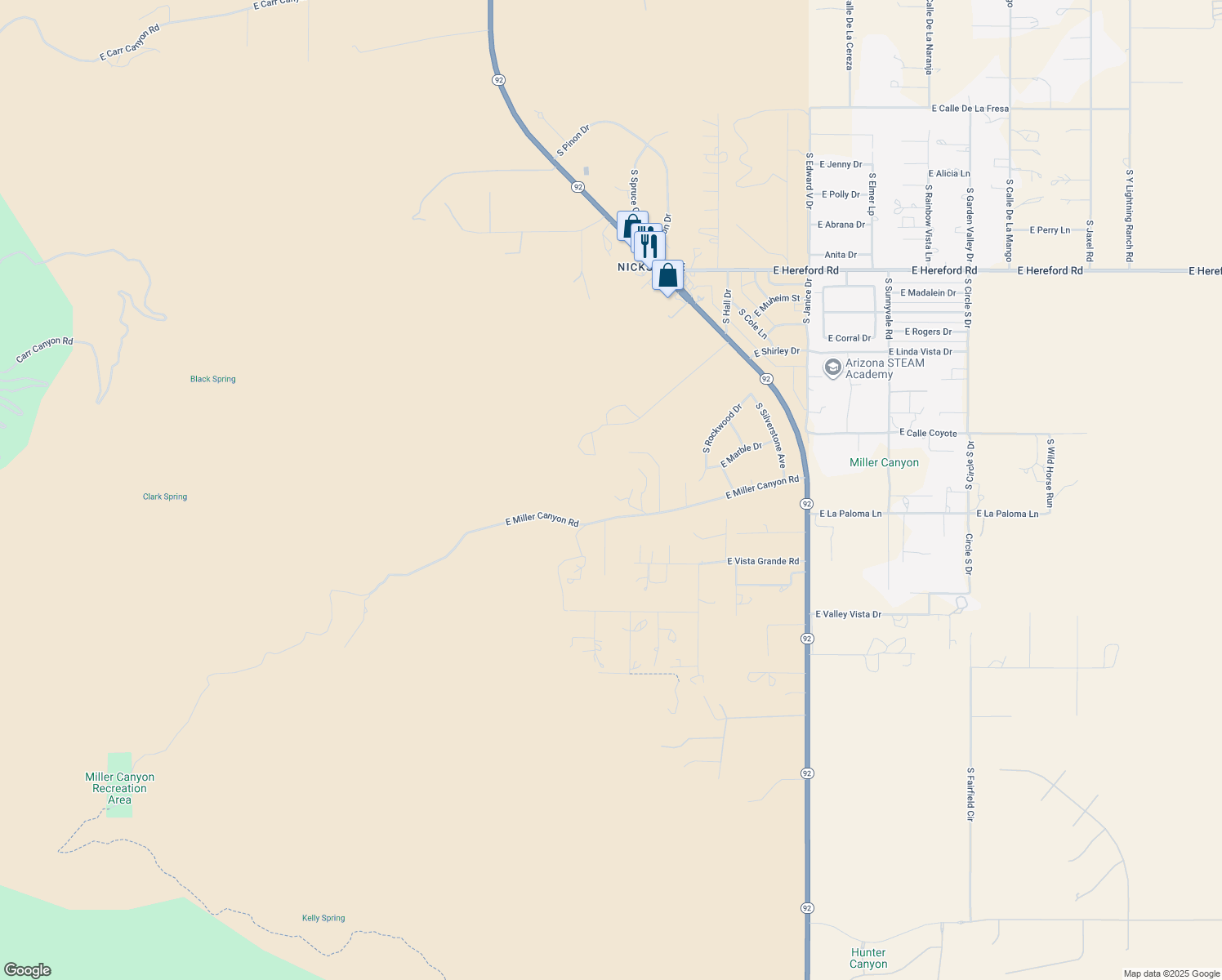 map of restaurants, bars, coffee shops, grocery stores, and more near 4593 East Miller Canyon Road in Hereford